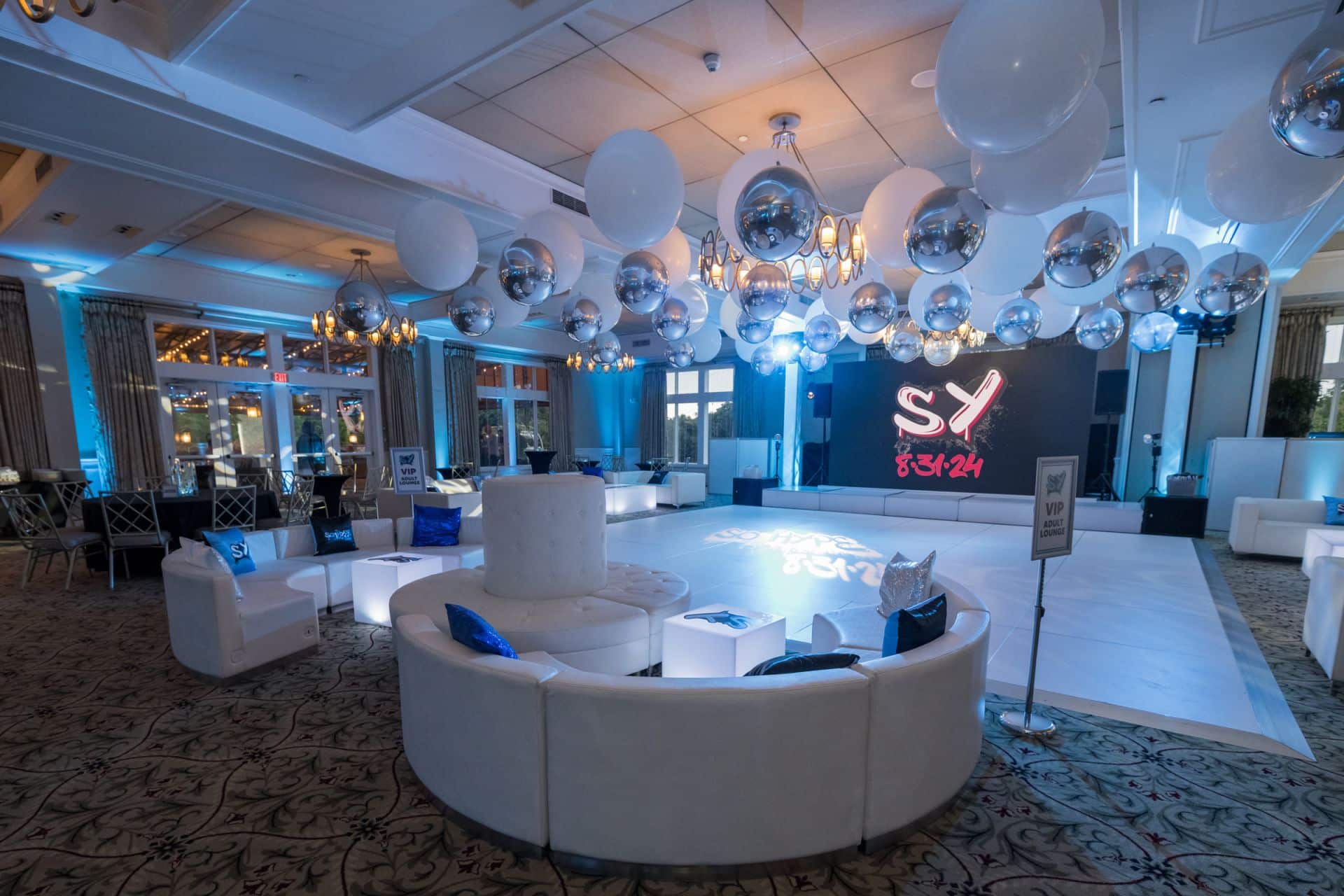 Custom Lounge and Balloon Ceiling for a Bar Mitzvah at Harrison Meadows