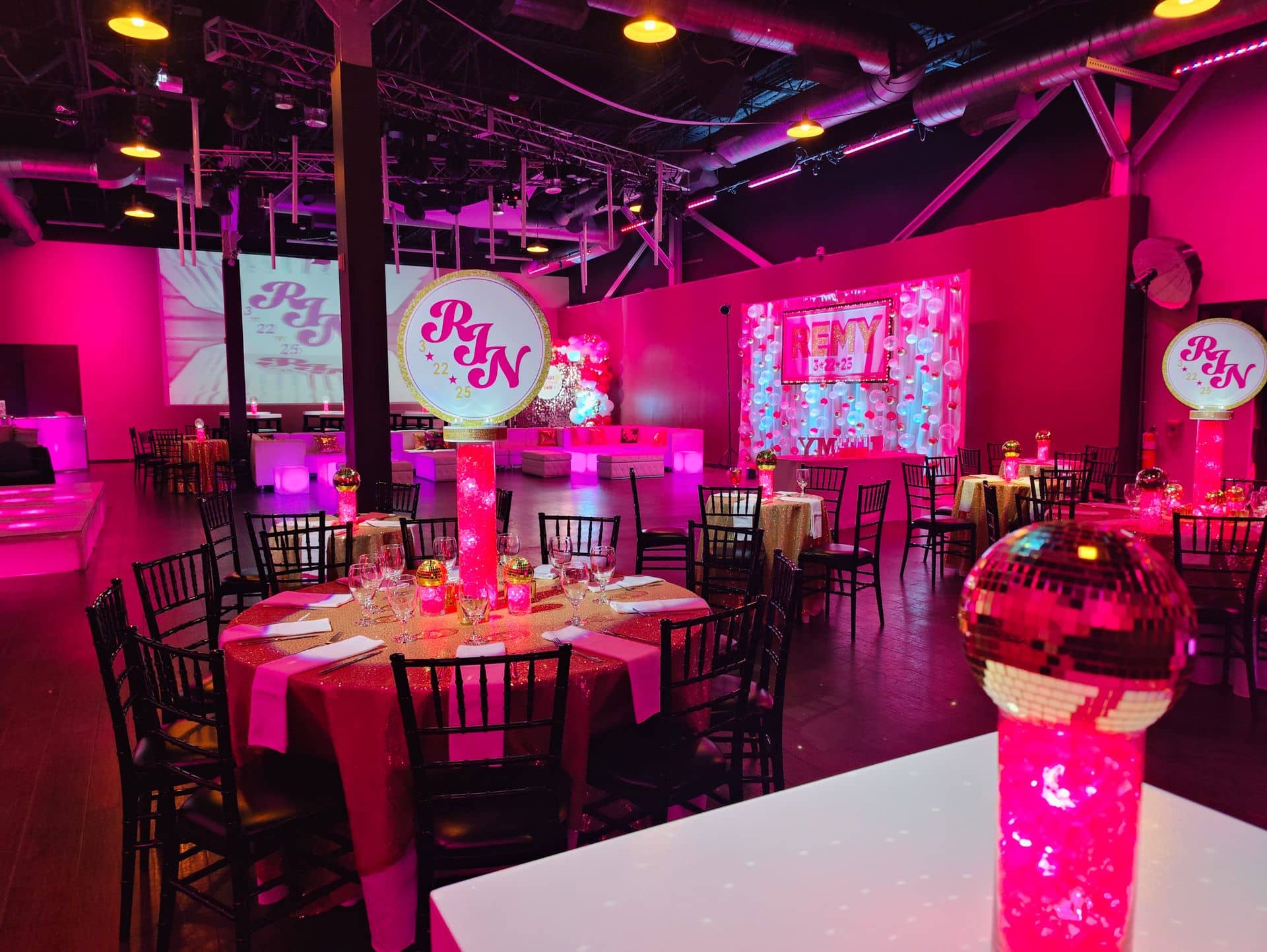 Hot Pink Bat Mitzvah with LED Logo Centerpieces, LED Lounge and Bubble Wall at Vibe