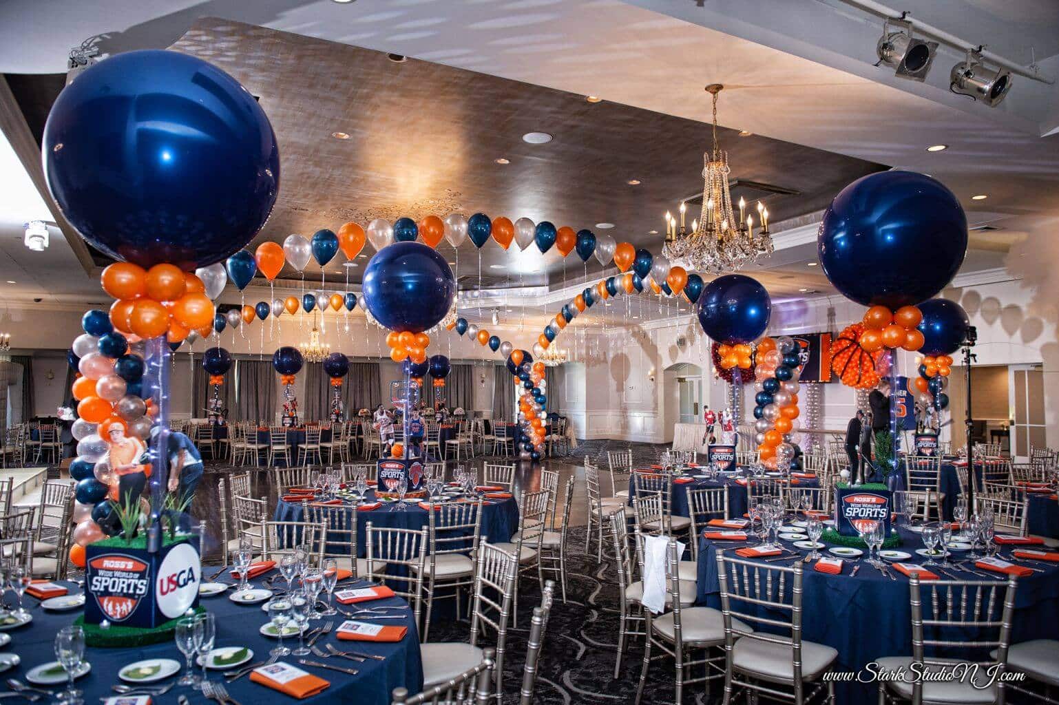 Sports Themed Bar Mitzvah with Navy and Orange Balloon Centerpieces and Gazebo Over Dance Floor at the Mansion at Mountain Lakes