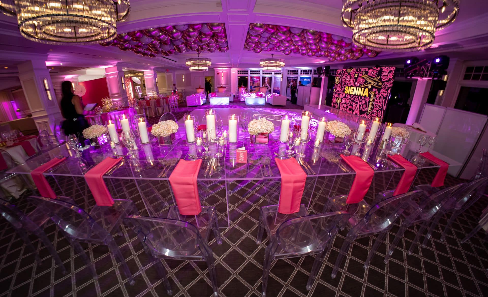 Travel Themed Bat Mitzvah with Hydrangea and Pillar Candles, Metallic orbs over Dance Floor and Pink Lighting at Scarsdale Golf Club