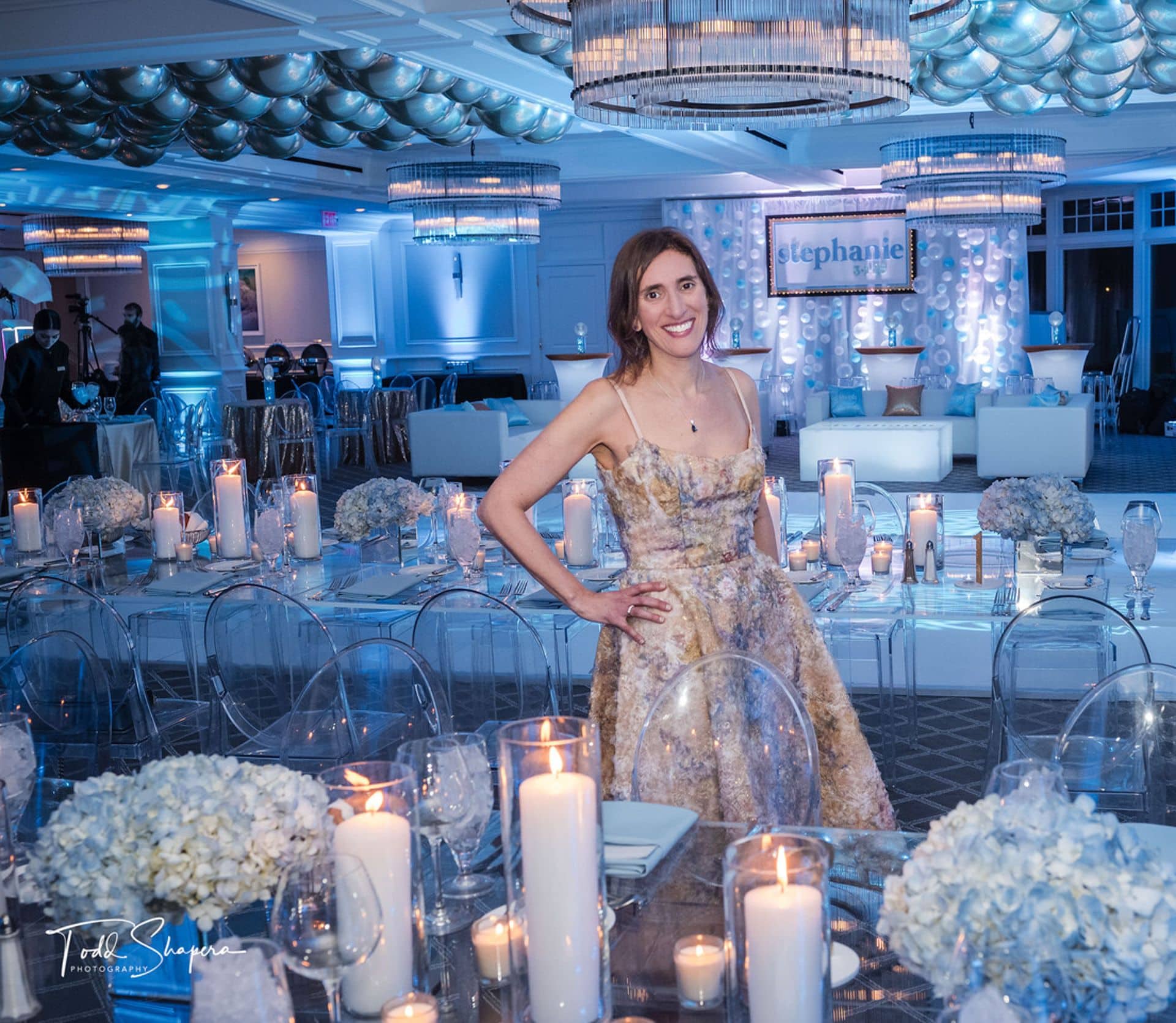 Light Blue Bat Mitzvah Decor with Metallic Orbs Ceiling, Hydrangea and Pillar Candles Centerpieces and LED Lounge with Bubble Wall at Scarsdale Golf Club