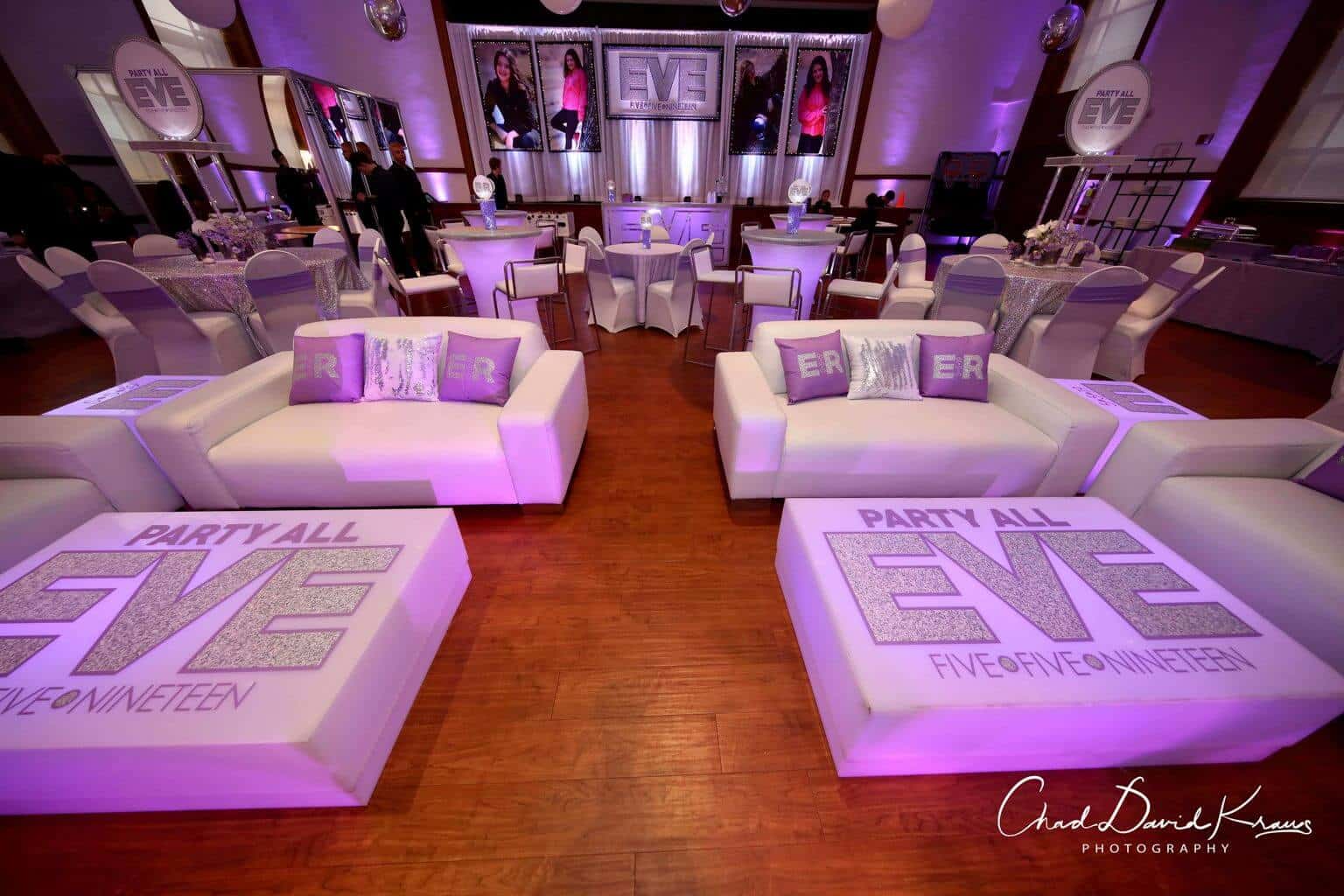 Lavender and Silver Bat Mitzvah Lounge with Custom Logo Tables, Pillows and LED Backdrop with Blowup Photos at Temple Israel Center, White Plains