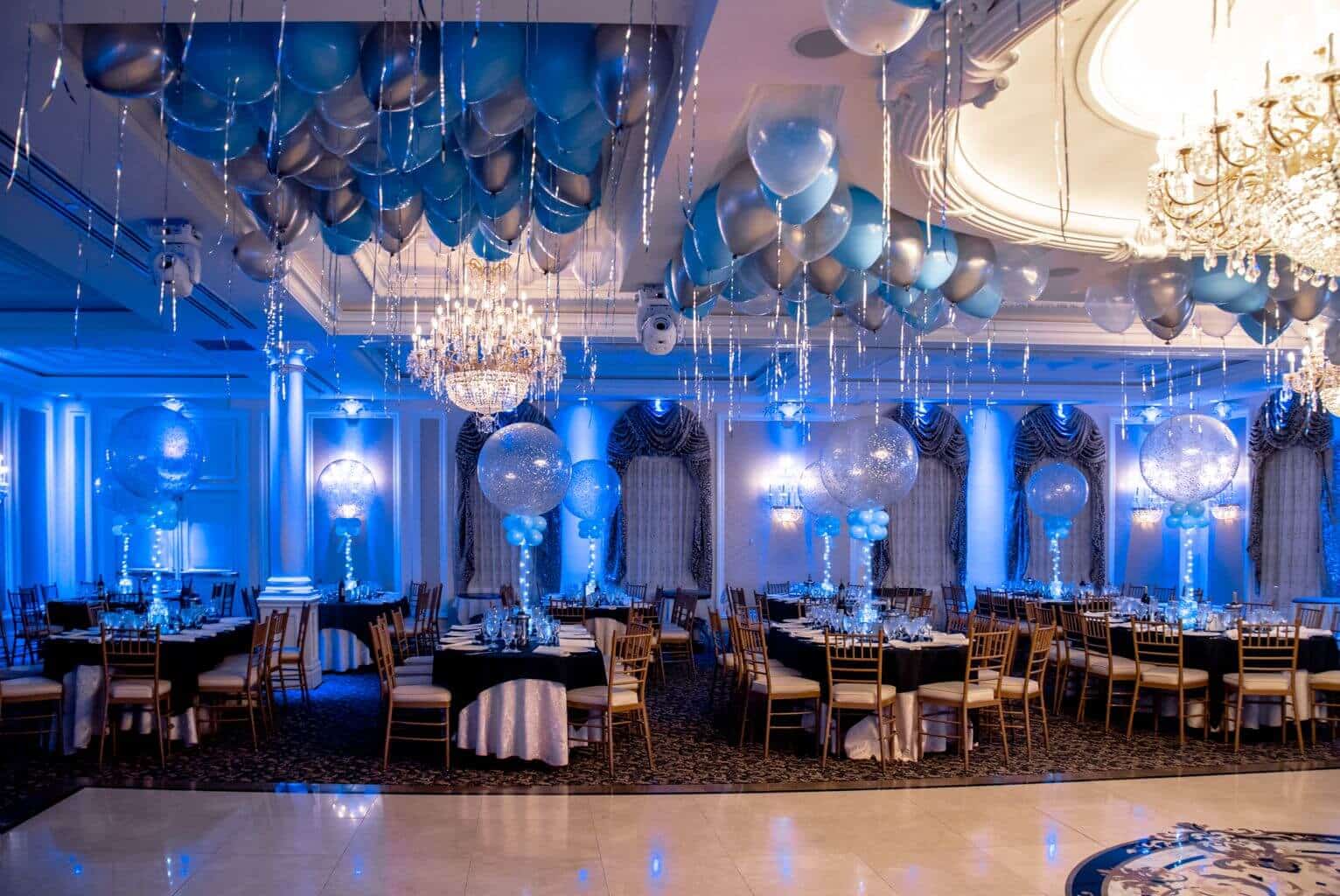 Light Blue and Silver Bat Mitzvah with Loose Balloons over Dance Floor and Sparkle Balloon Centerpieces at Primavera Regency, NJ