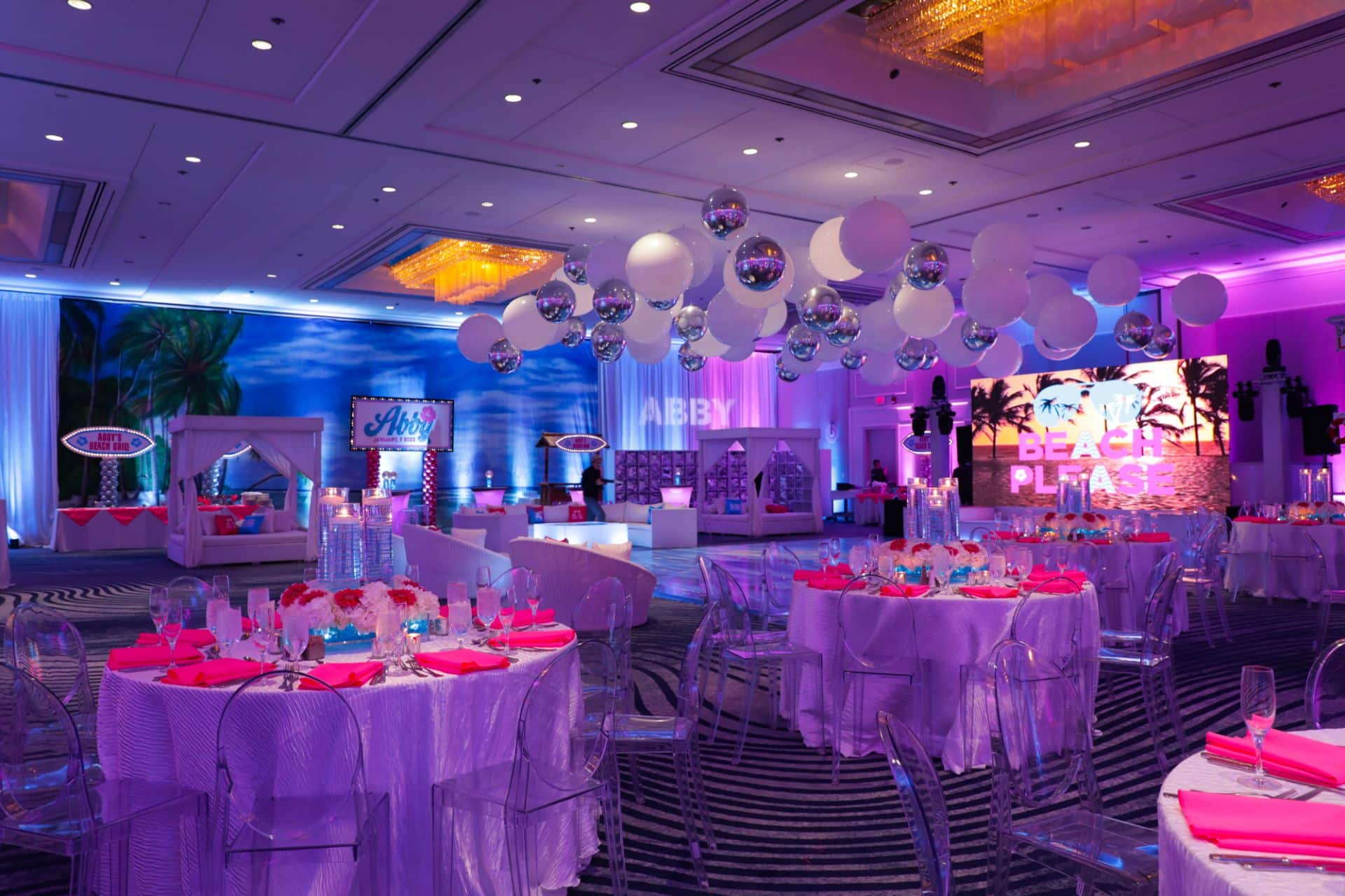 Beach Themed Bat Mitzvah with LED Floral Centerpieces, Custom Ceiling Treatment and Wall Mural at Greenwich Hyatt