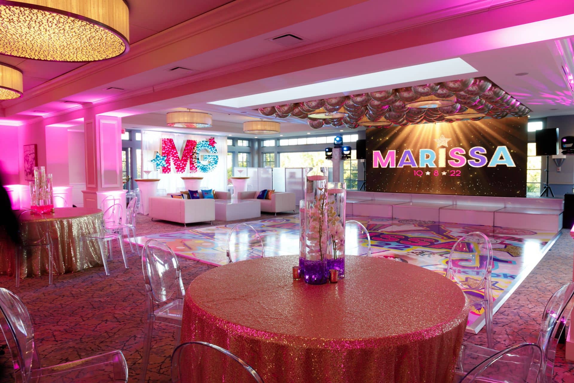 Bat Mitzvah with Metallic Orbz on Ceiling, Custom Logo Balloon Mosaic and Orchid Centerpieces at Fairview Country Club