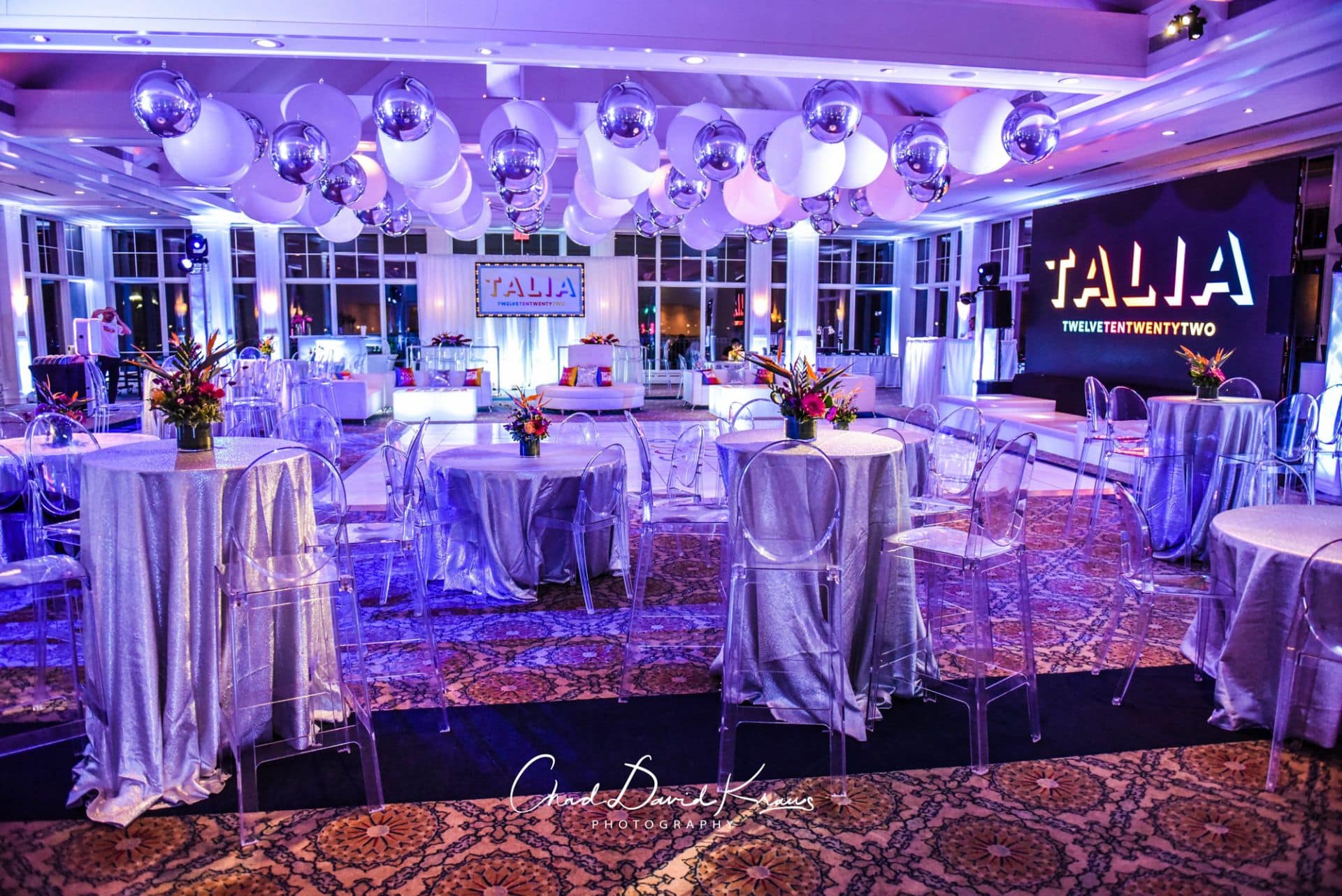 Tropical Themed Bat Mitzvah with White and Silver Ceiling Balloon Treatment and Custom LED Lounge at Beach Point Club