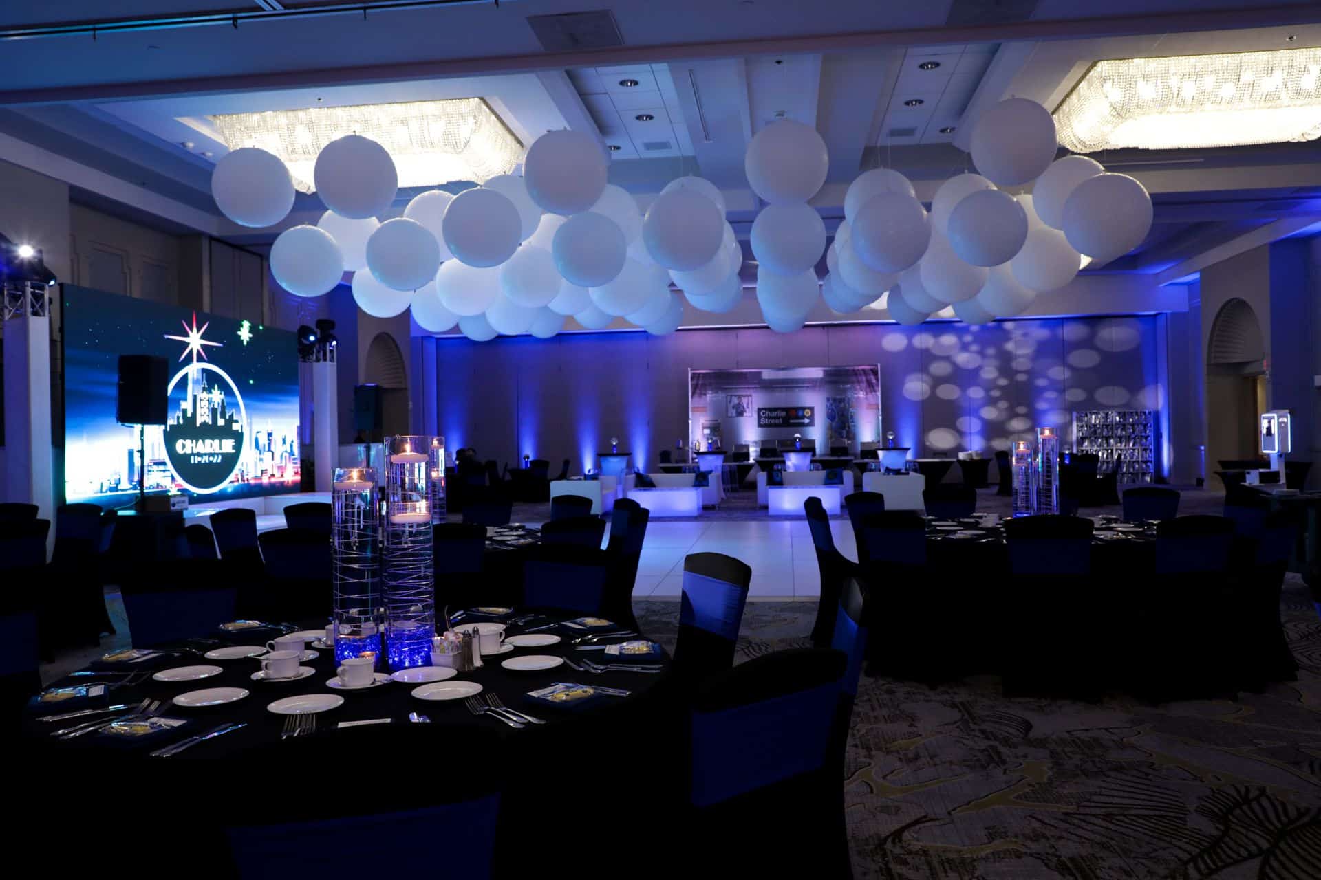 NYC Themed Bar Mitzvah with LED Centerpieces, White Ceiling Balloons and Subway Themed Mural at the Marriott, Park Ridge
