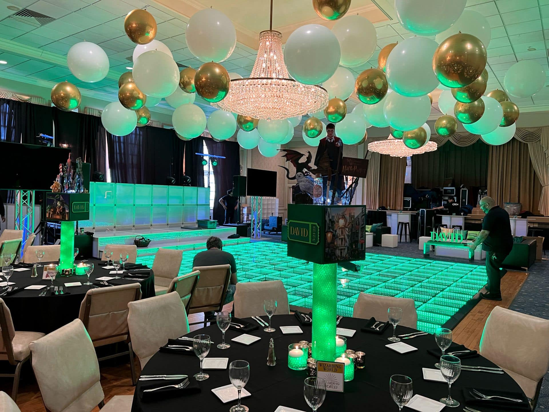 Amusement Park Themed Bar Mitzvah with White and Gold Ceiling Balloons and Custom Themed Centerpieces at Temple Beth El, New Rochelle