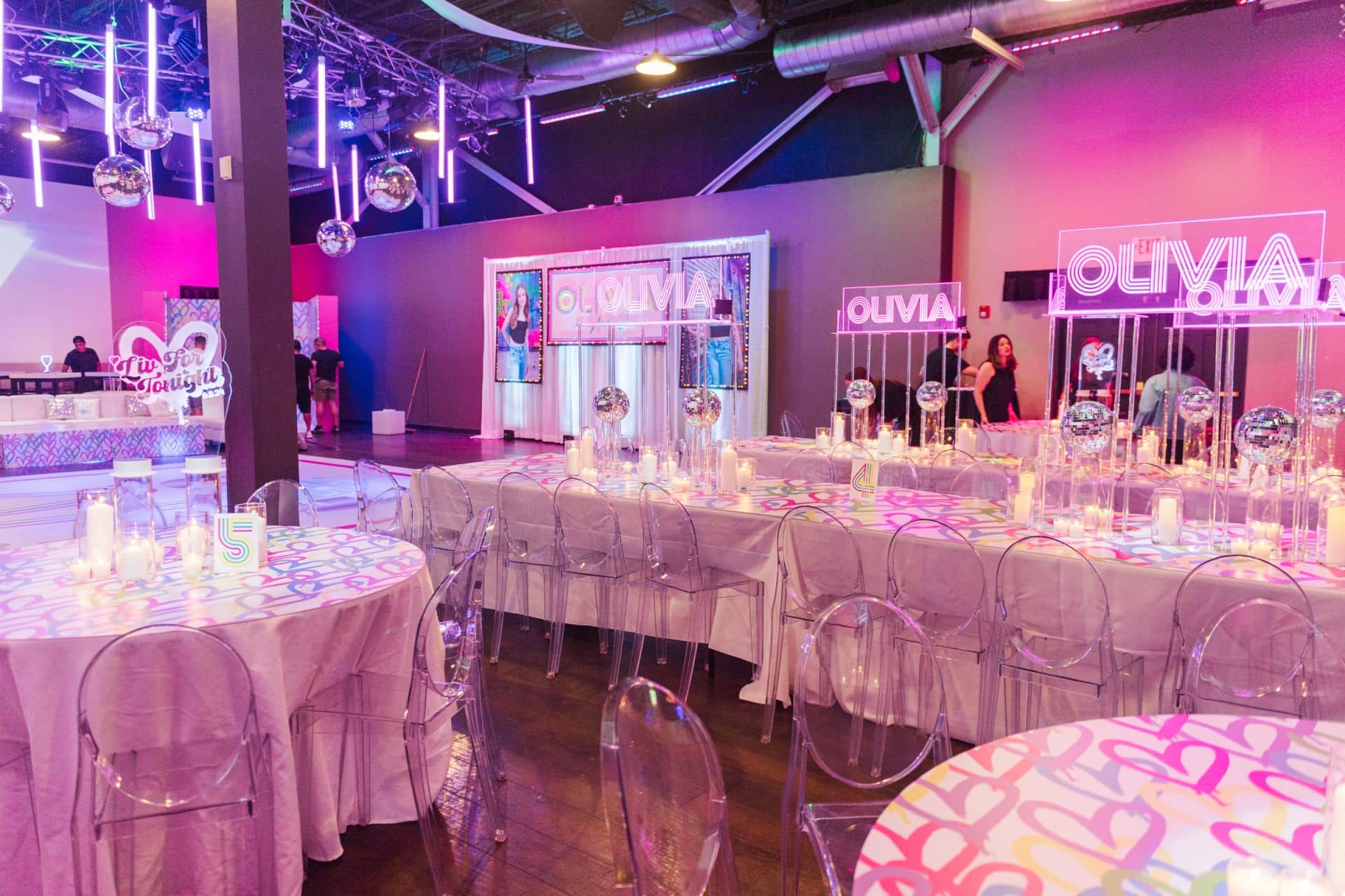 Neon Themed Bat Mitzvah with Neon Light and Disco Balls Centerpieces at Vibe