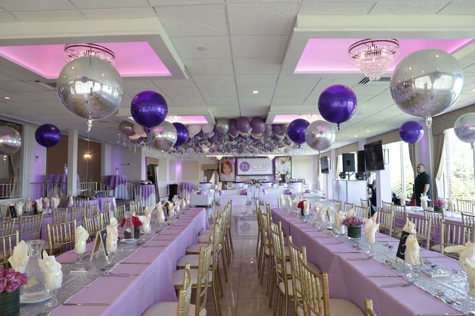 Purple and Silver Bat Mitzvah Setup with Orbz Centerpieces, Loose Ceiling Balloons and Custom Lounge Setup at the Davenport Mansion