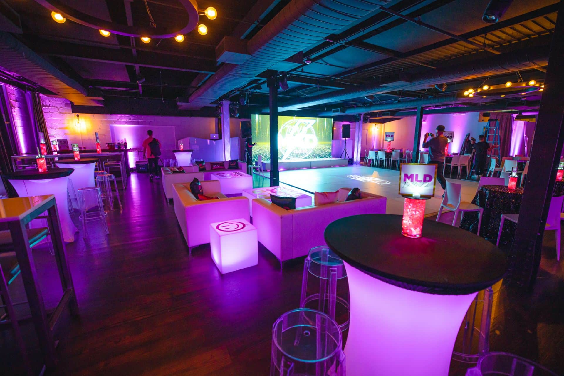Club Themed Bat Mitzvah with LED Lounge Setup and Logo Centerpieces at Hudson Loft, Irvington