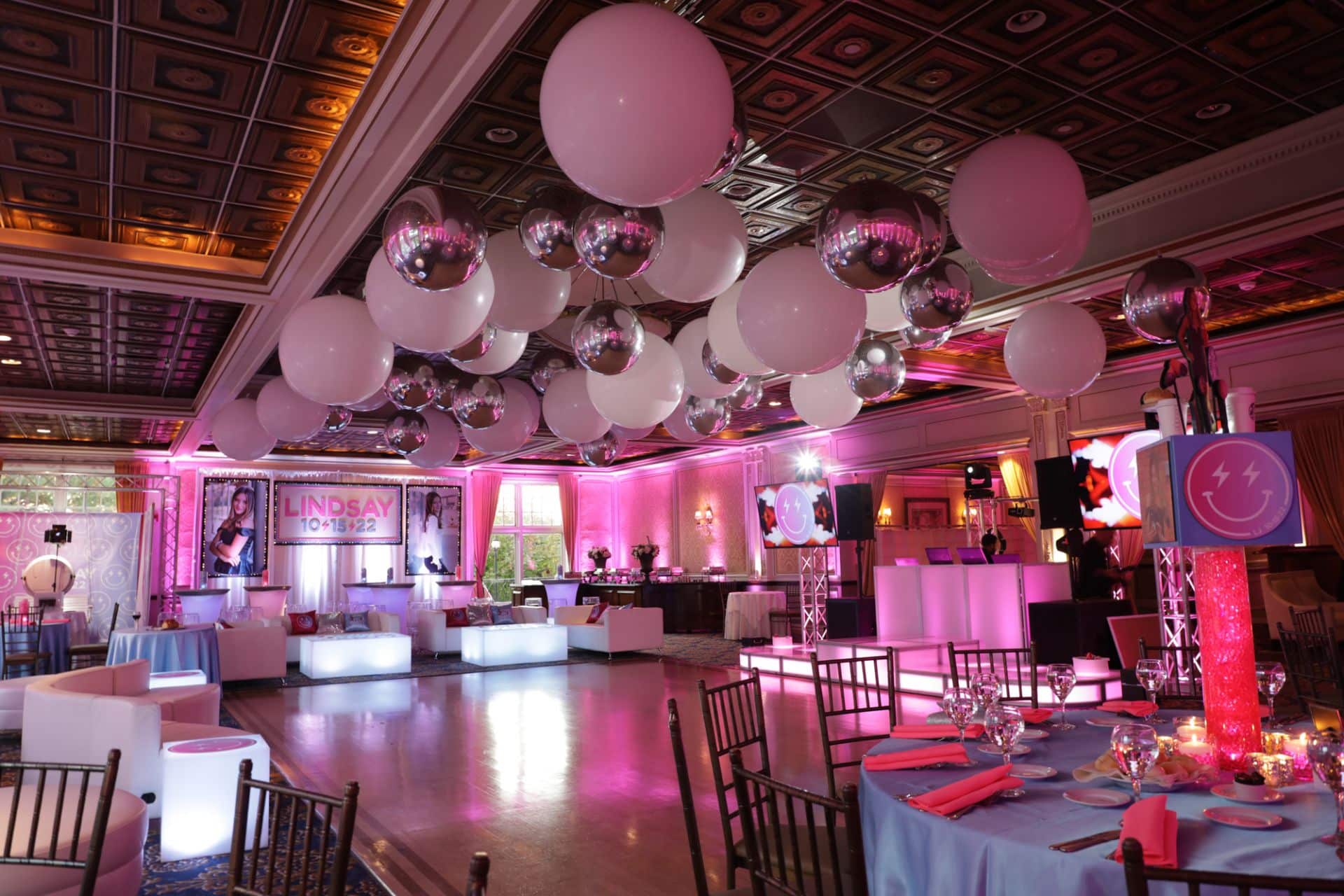 Everything Girl Themed Bat Mitzvah with Custom Centerpieces, Ceiling Balloon Treatment and LED Lounge at VIP Country Club