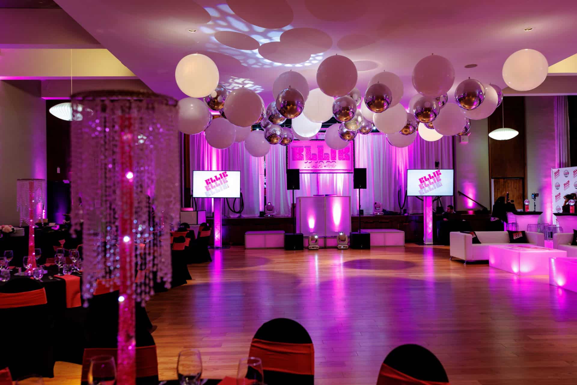 Hot Pink Bat Mitzvah Room with White and Silver Ceiling Treatment at CSAIR Riverdale