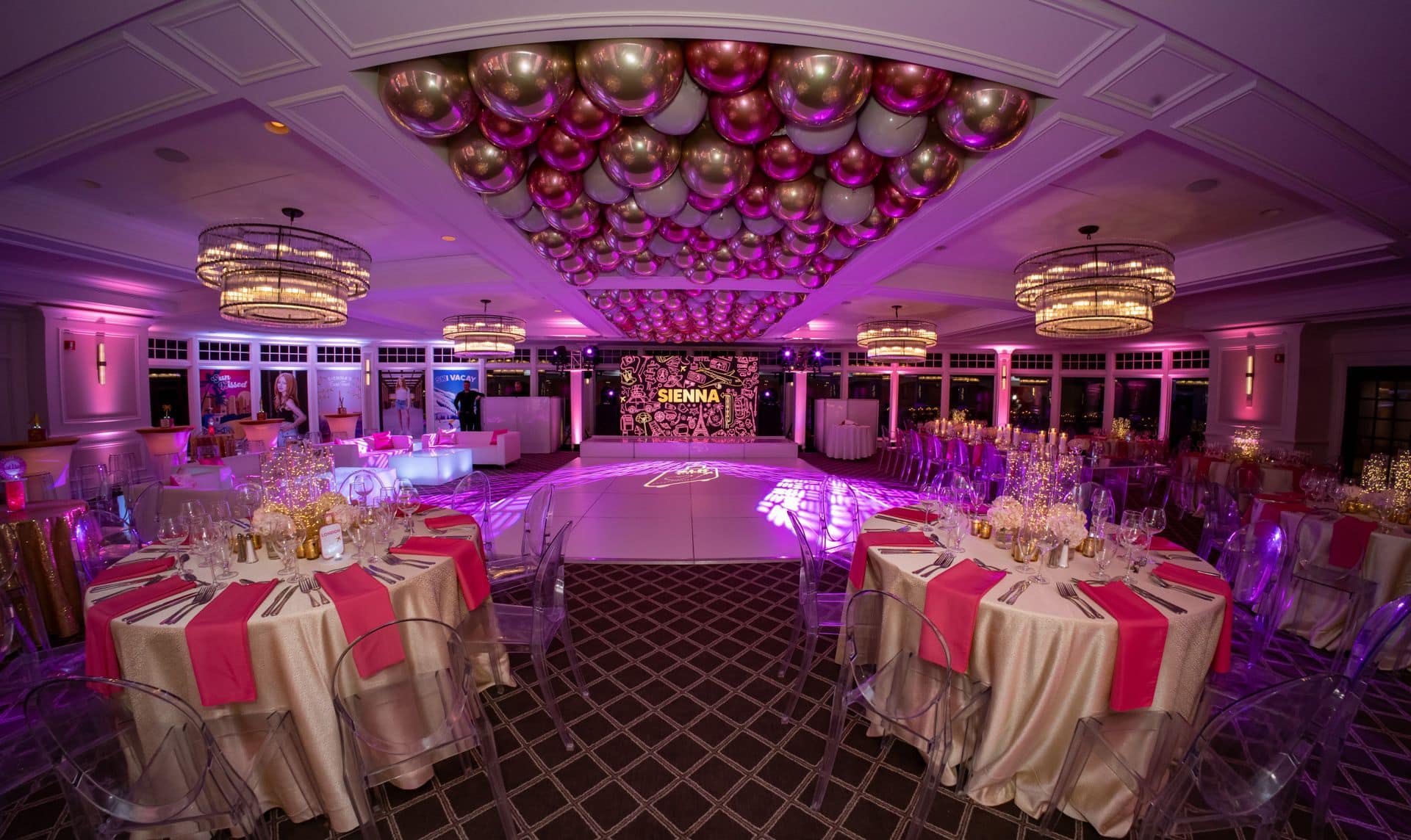 Travel Themed Bat Mitzvah with LED Fairy Light Centerpieices, Metallic orbs over Dance Floor and Pink Lighting at Scarsdale Golf Club