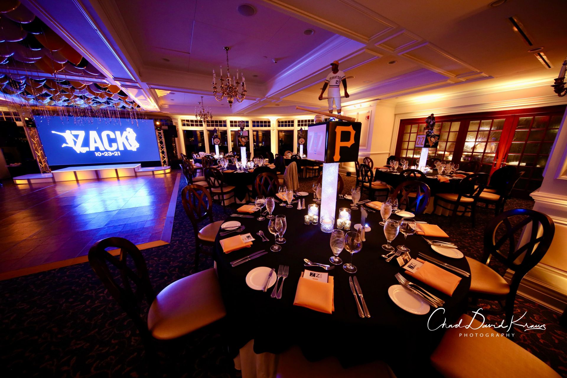 Bar Mitzvah at Scarsdale Golf Club with Custom Logo Cube Centerpiece and Loose Ceiling Balloons Over Dance Floor