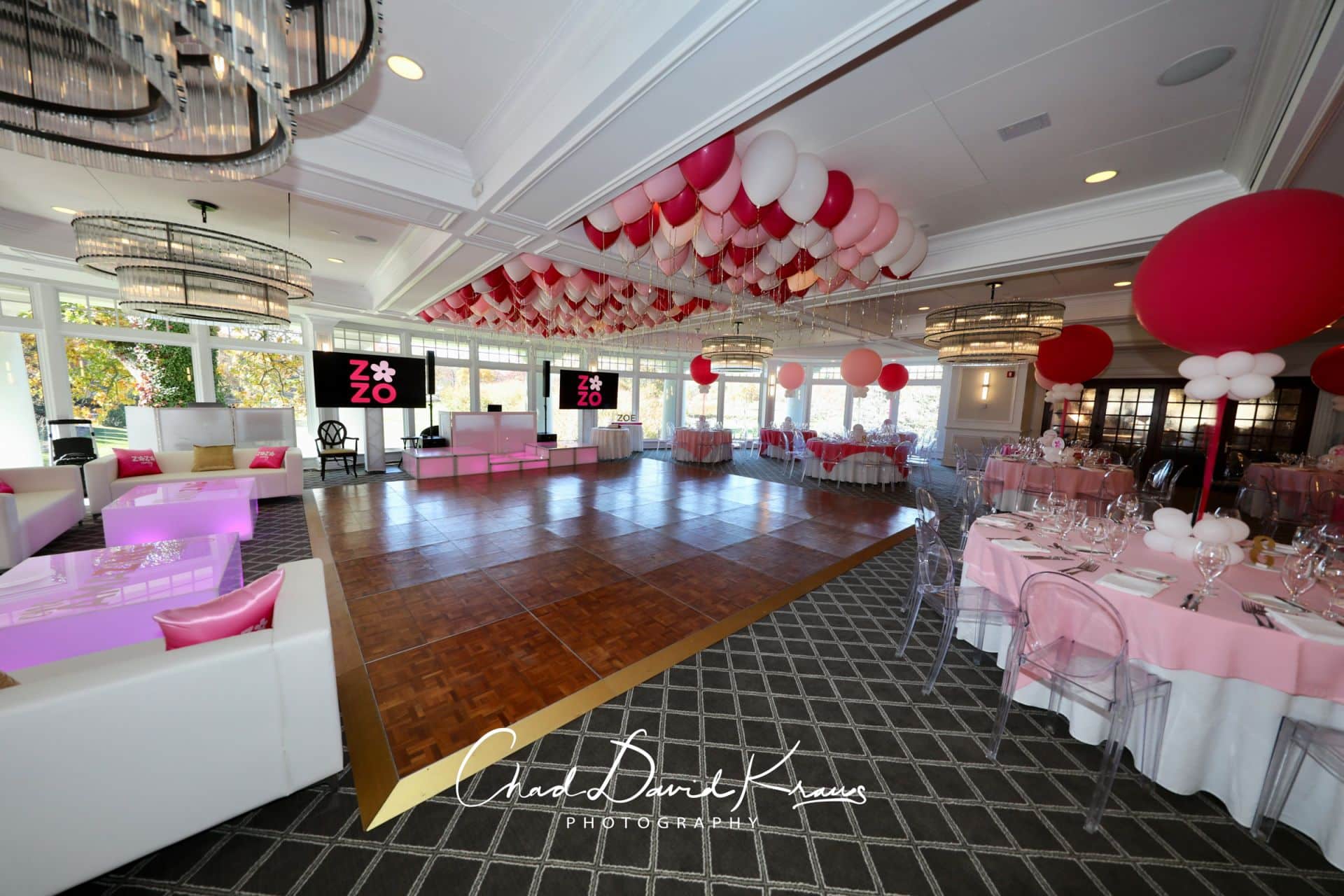3ft Pink Balloon Centerpieces with a Balloon Ceiling and Lounge for a Pink Theme Bat Mitzvah at Scarsdale Country Club