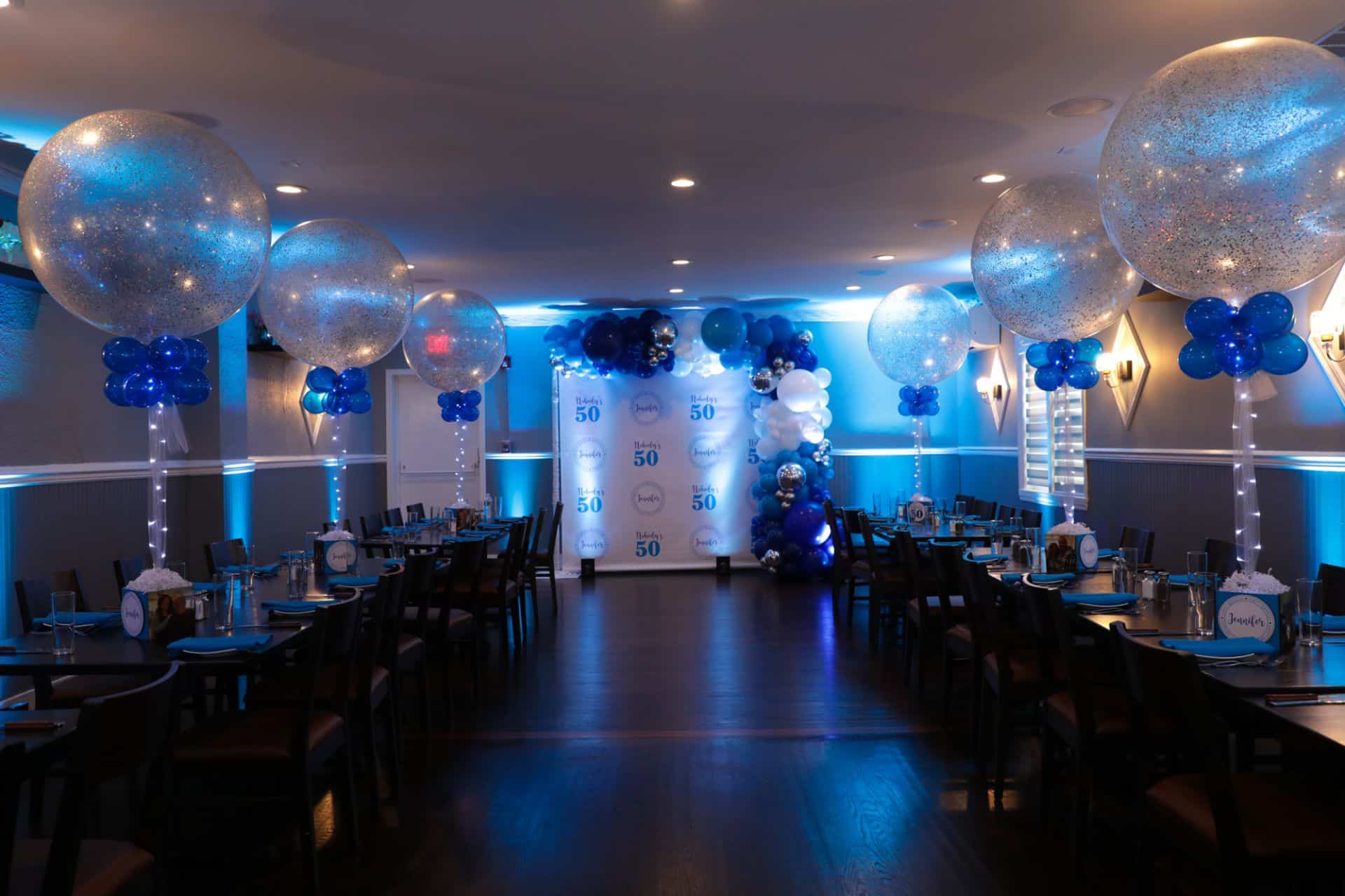 50th Birthday Party with Sparkle Balloon Centerpieces, Custom Step and Repeat and Balloon Garland at El Toro, Congers