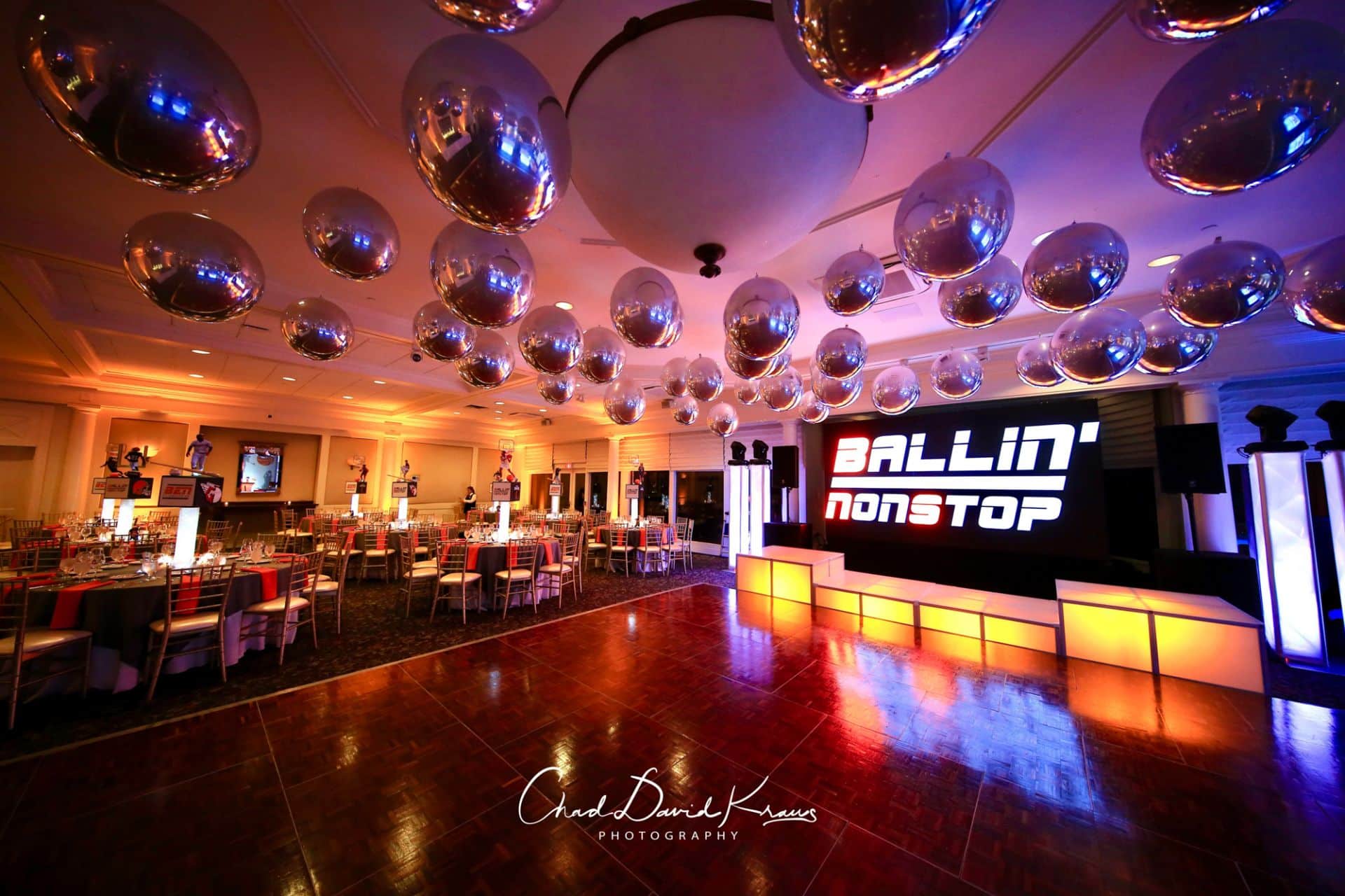 Sports Themed Bar Mitzvah with White and Silver Ceiling Balloons and Custom Centerpieces at Hampshire Country Club