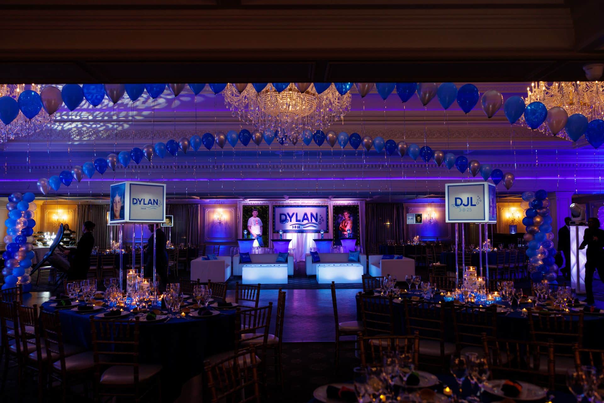 Swimming Theme Bar Mitzvah with Custom Lampshade Centerpieces, Balloon Gazebo, LED Lounge and Custom Backdrop at The Park Savoy
