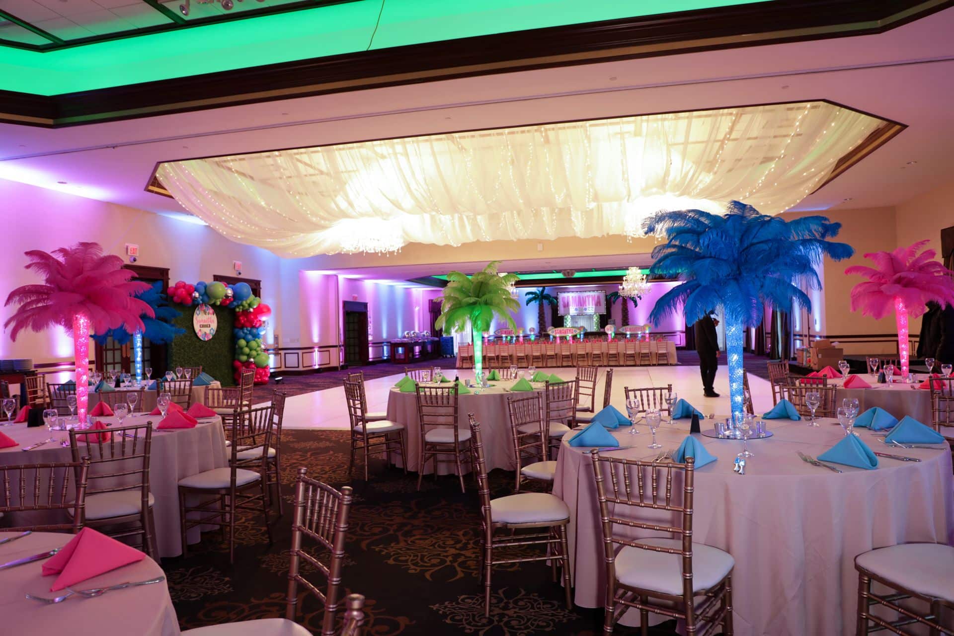 Tropical Themed Bat Mitzvah with LED Feather Centerpieces and Custom Backdrop at Temple Emanu-el, Closter