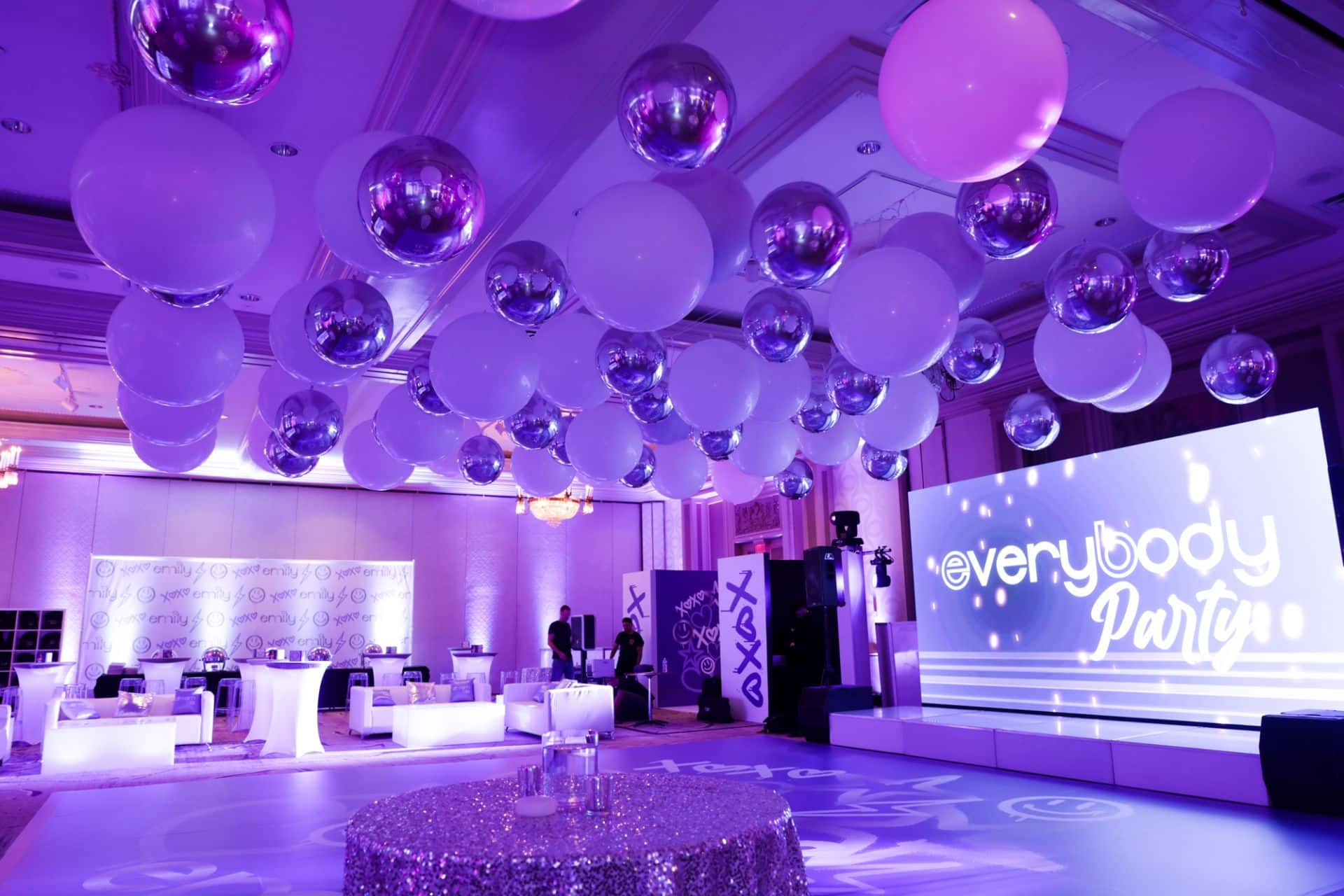 Lavender Bat Mitzvah with Ceiling Balloon Treatment, LED Lounge andCustom Logo Mural at the Hilton, Woodcliff Lake