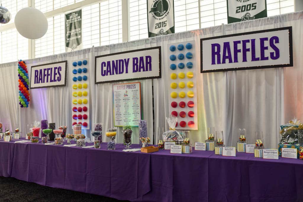 Candy Bar and Raffle Setup with Giant Button Candy Display for Fundraiser
