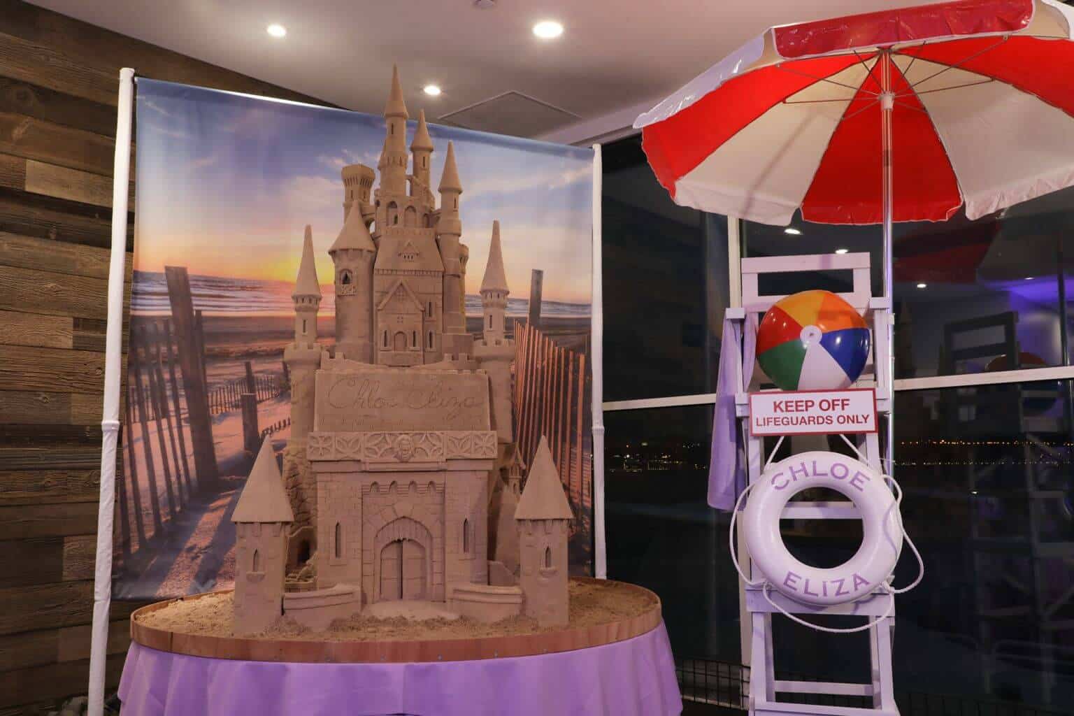 Life Guard Chair Prop with Custom Life Ring and Sand Castle Display for Beach Themed Bat Mitzvah