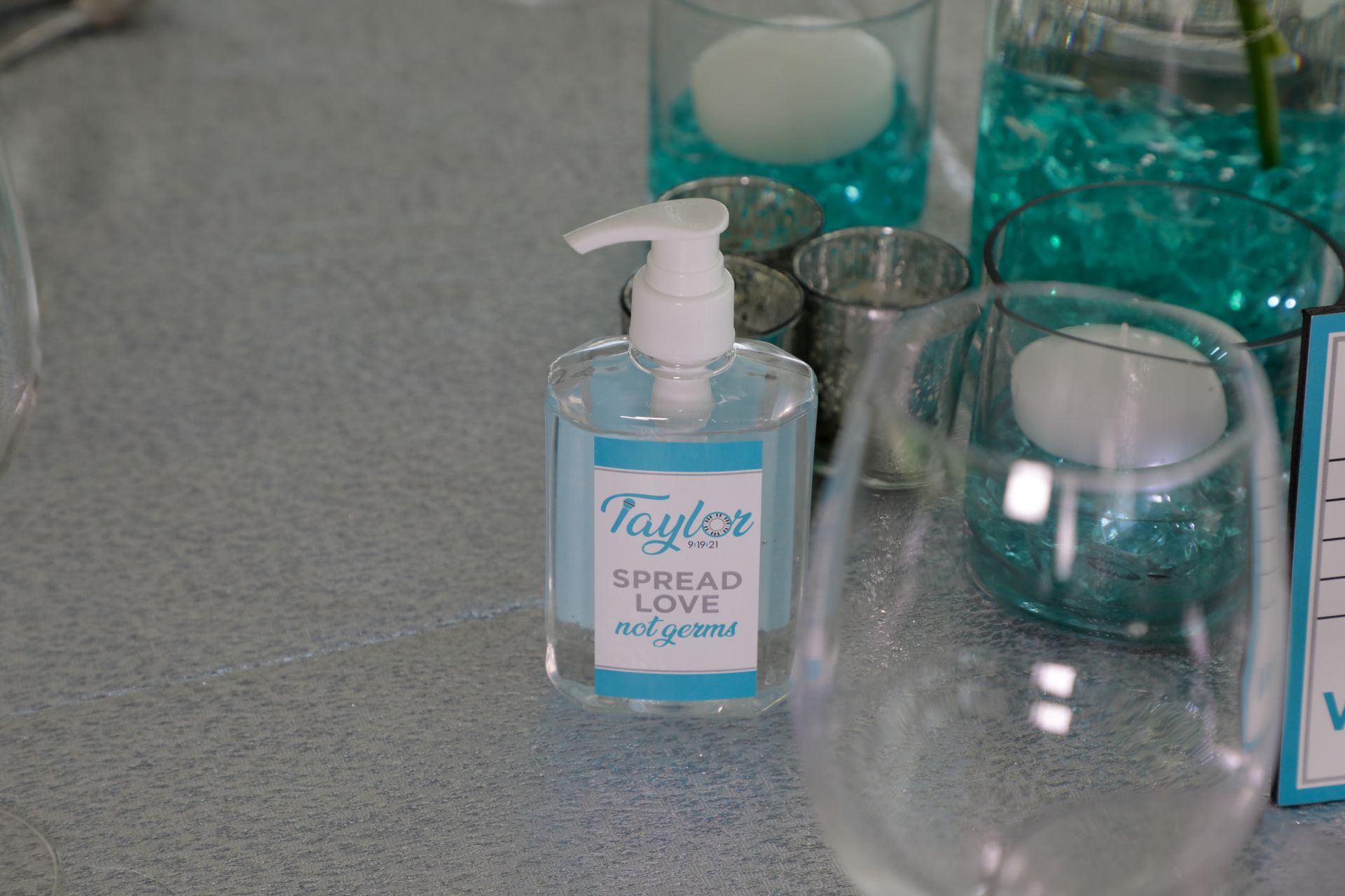 Custom Logo Hand Sanitizer on Adult Tables for Bat Mitzvah Covid Tent Party