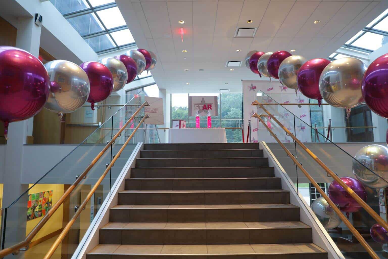 Balloon Scape on Railing with Hot Pink and Silver Metallic Orbz