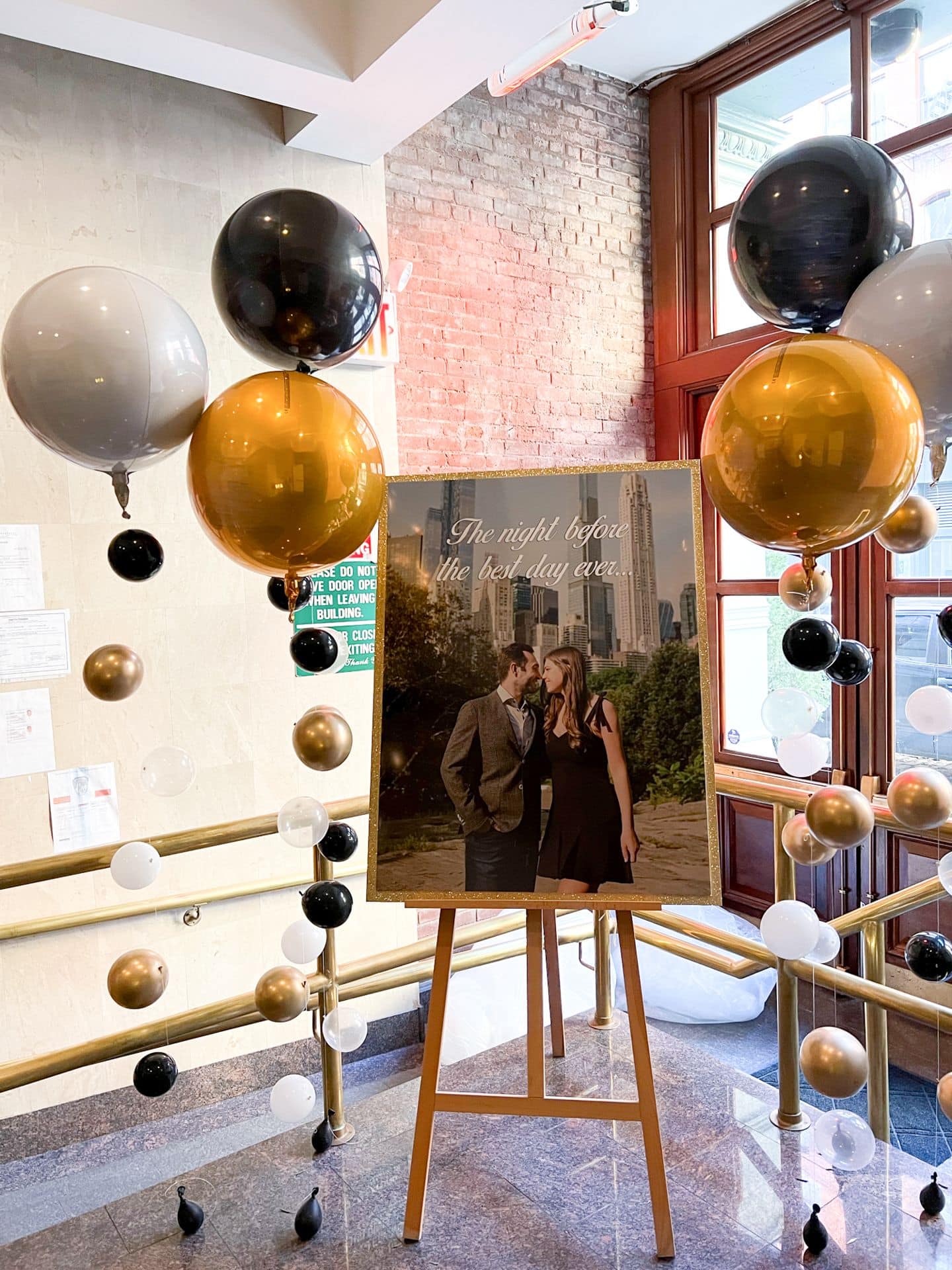 Engagement Party Welcome Poster with Metallic Orbs and Bubble Balloons