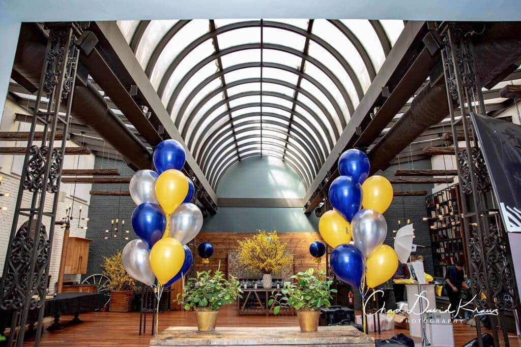Navy and Yellow Balloon Trees as Decor Accent for Michigan Themed Bar Mitzvah