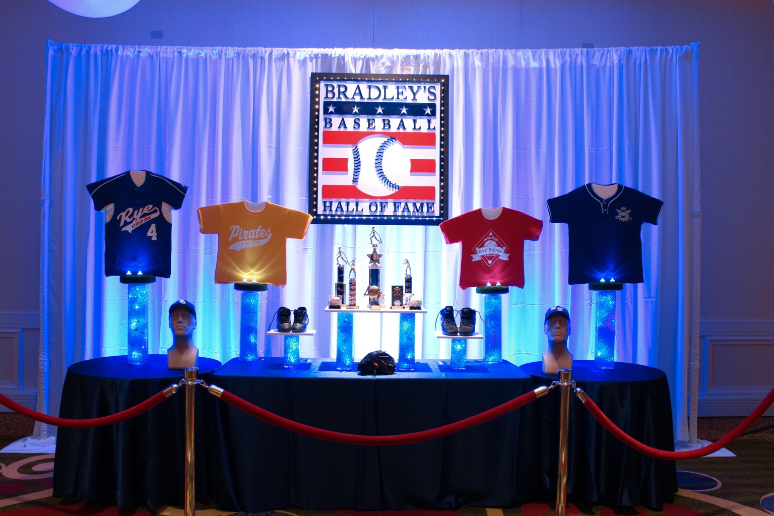 Hall of Fame Display with Bar Mitzvah Boys Baseball Memorabilia and Custom Sign