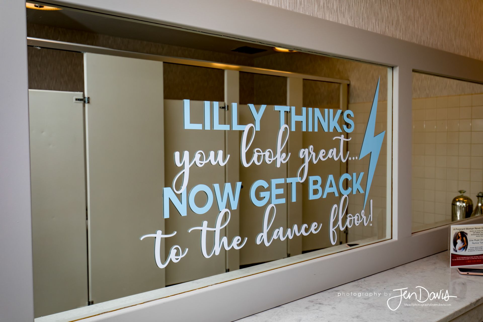 Fun Custom Mirror Signage for Ladies Room at Tent Bat Mitzvah Decor