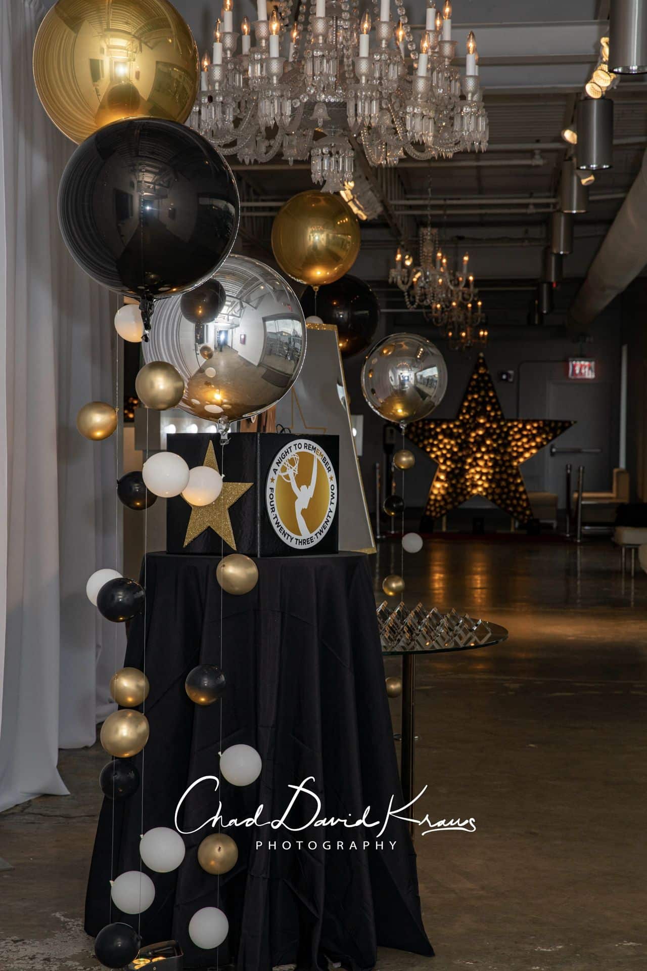 Gold, Black and Silver Bubble Balloons with Metallic Orbs at Loading Dock, Stamford