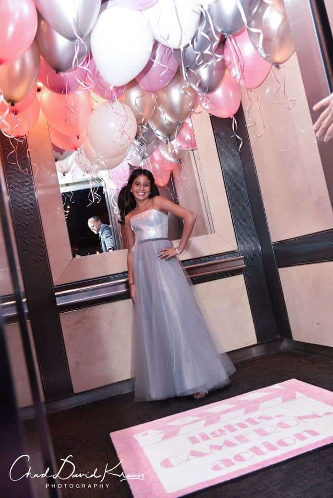 Bat Mitzvah Elevator with Shades of Pink Ceiling Balloons and Custom Logo Rug