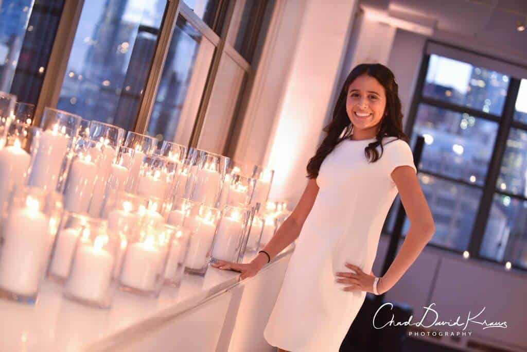 Pillar Candle Display as Backdrop for Bat Mitzvah Service at Tribeca 360, NYC