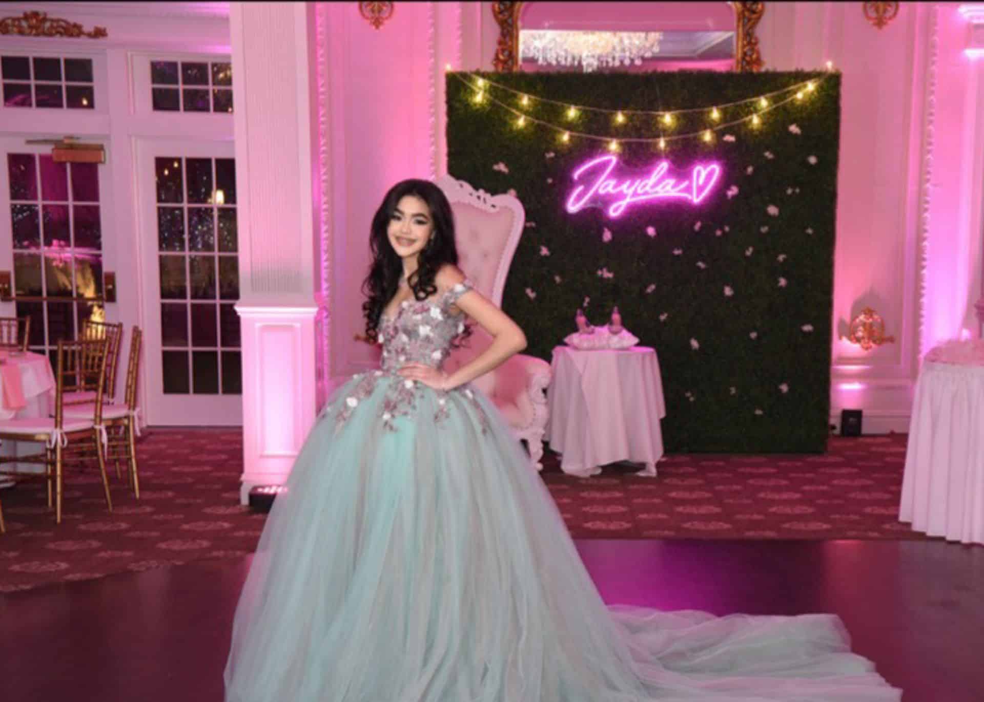 Greenery Wall Photo Backdrop with LED Bistro Lights and Neon Sign for Enchanted Forest Sweet Sixteen