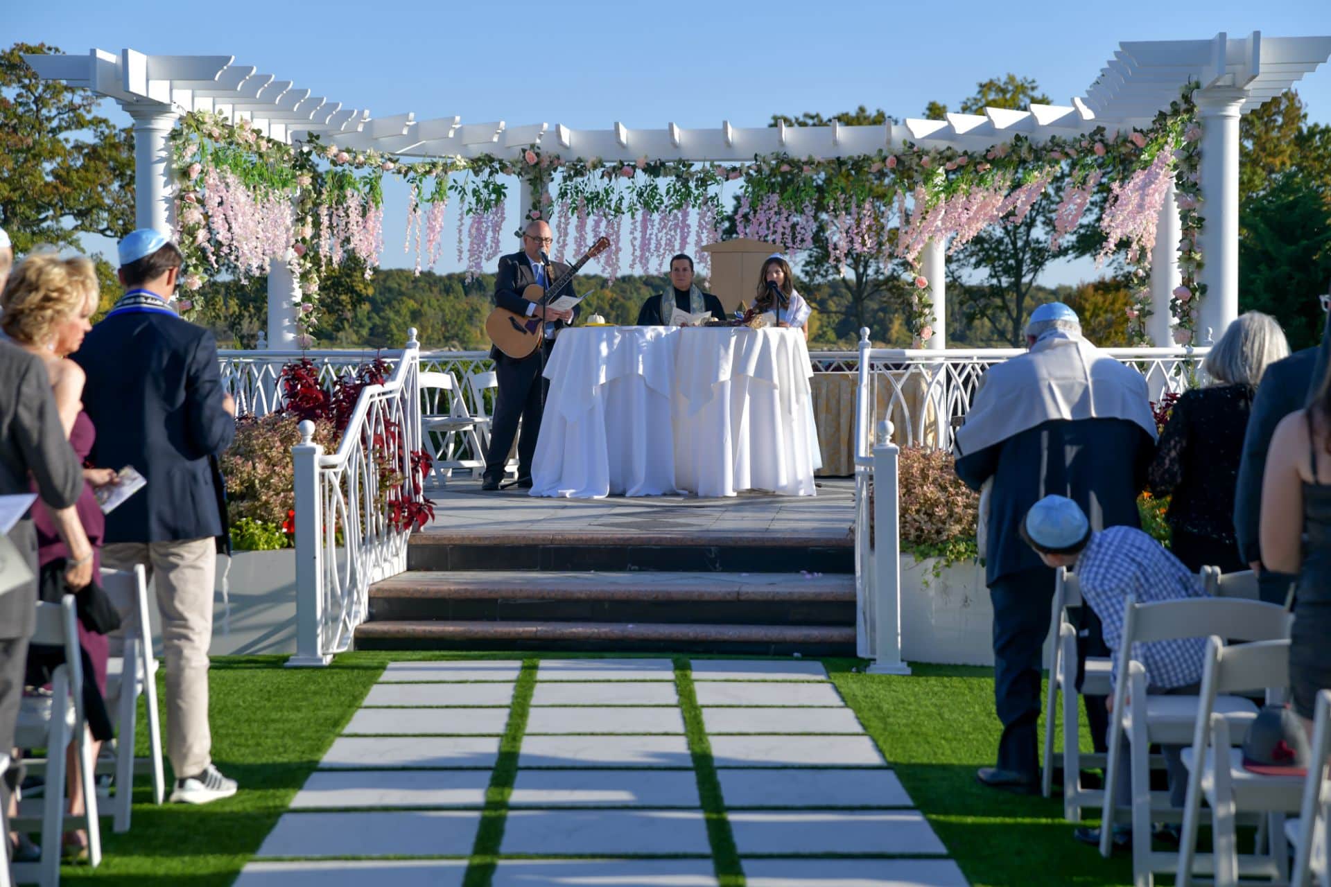 Hanging Pink Flowers from Gazebo for Bat Mitzvah Service at VIP Country Club