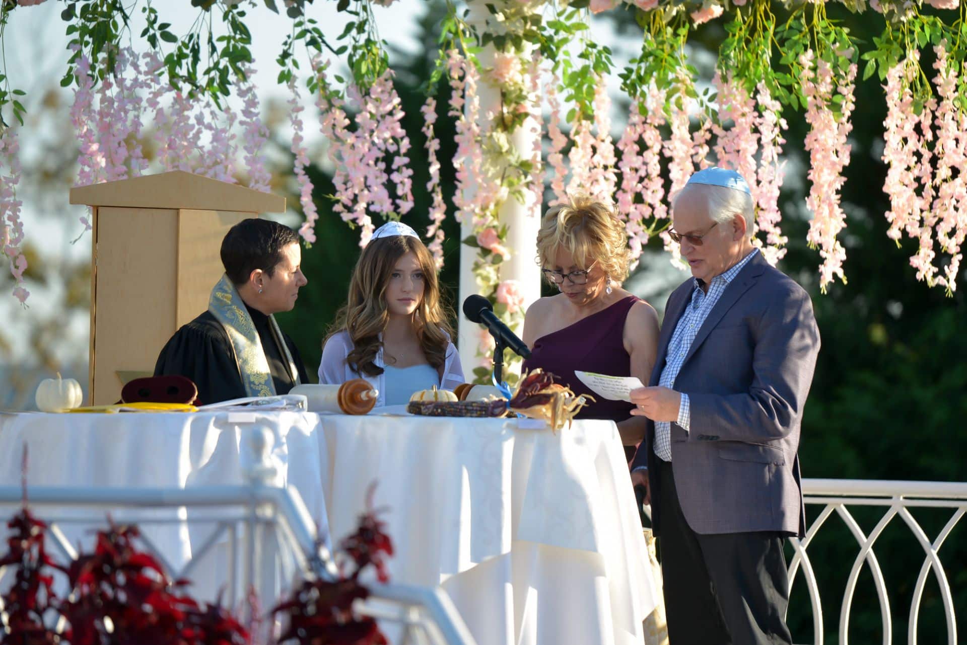 Hanging Pink Flowers from Gazebo for Bat Mitzvah Service at VIP Country Club