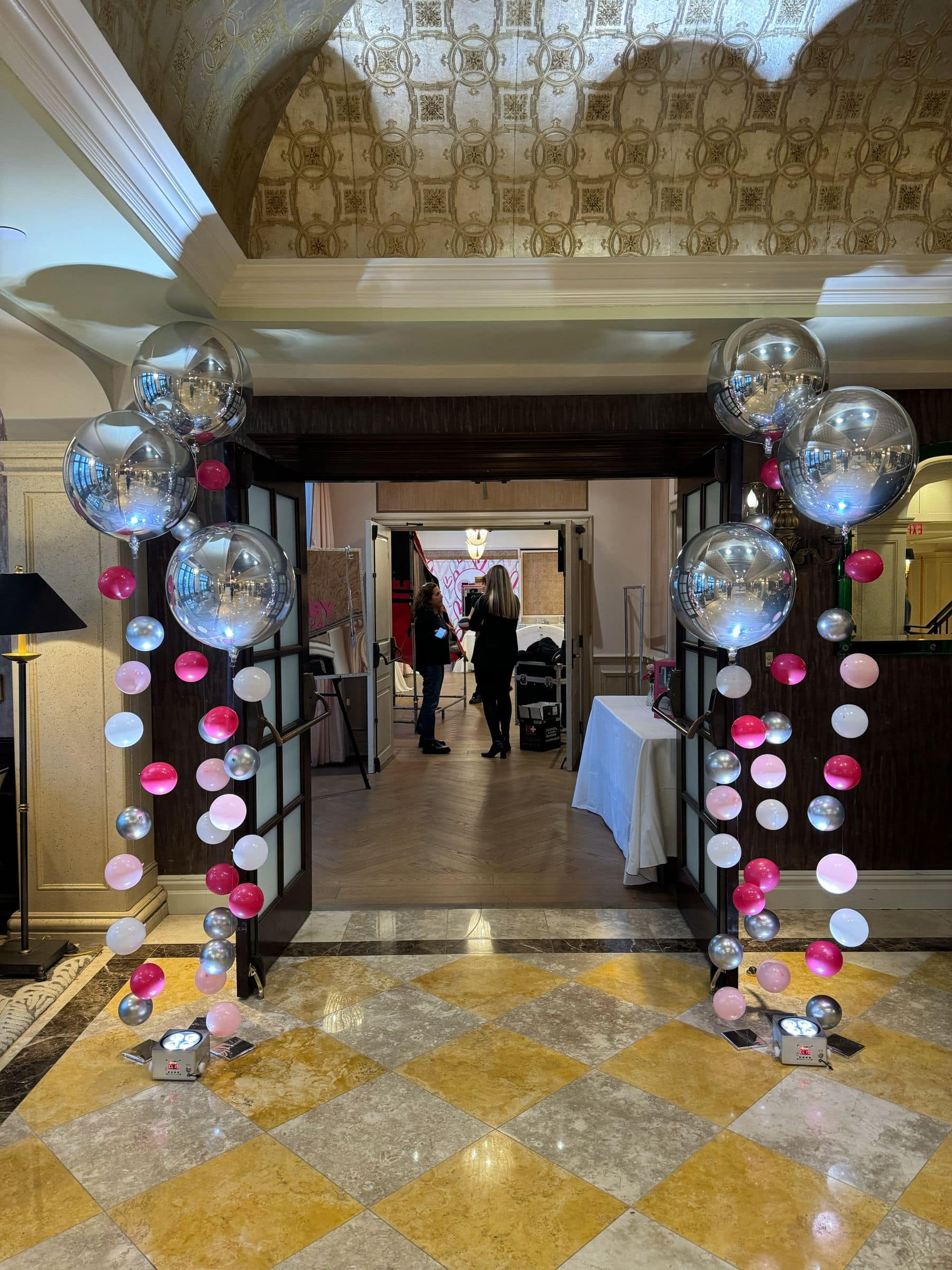 Pink Bubble Balloons with Silver Orbs for Entrance Decor