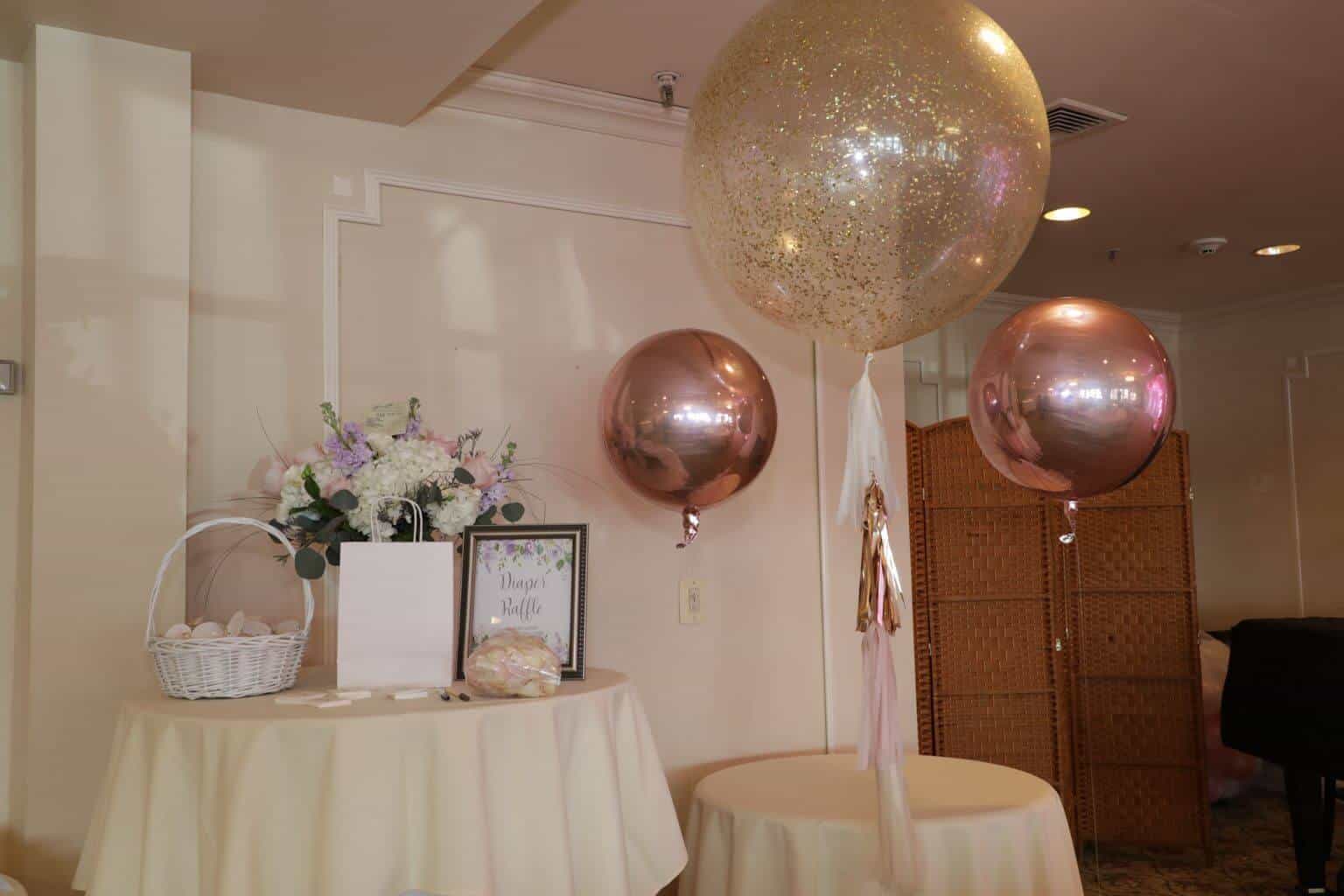 Gold Sparkle Balloon with Tassels and Rose Gold Metallic Orbz
