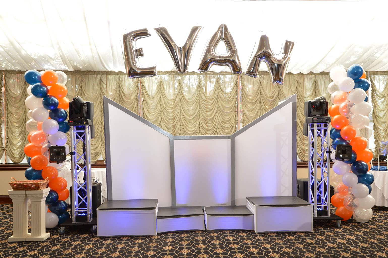 Mylar Name in Balloons Arch with Orange and Navy Balloon Columns