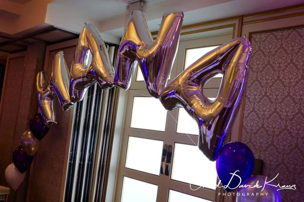 Silver Mylar Bubble Letters with Purple and White Balloons