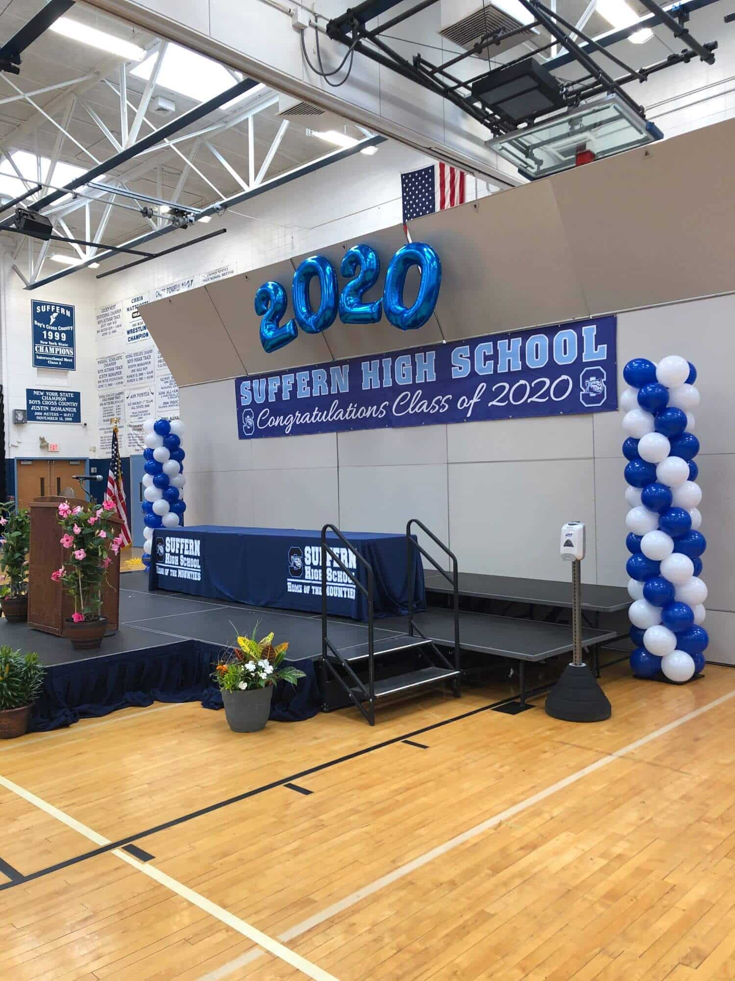 2020 Mylar Letters Arch with Blue and White Balloon Columns for Graduation
