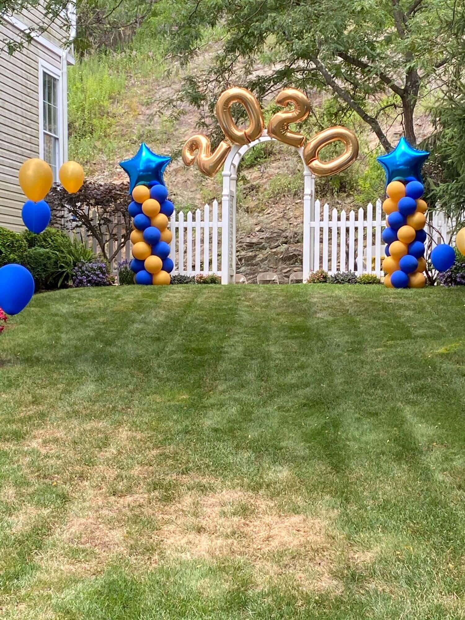 2020 Mylar Letters Arch with Blue and Gold Balloon Columns for Graduation