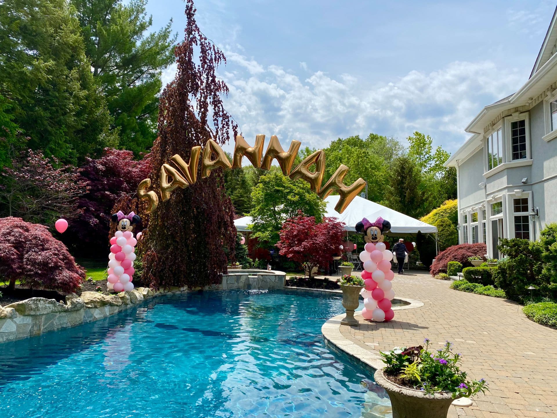 Mylar Name Balloon Arch Over Pool with Ballon Columns for Kids Birthday Party