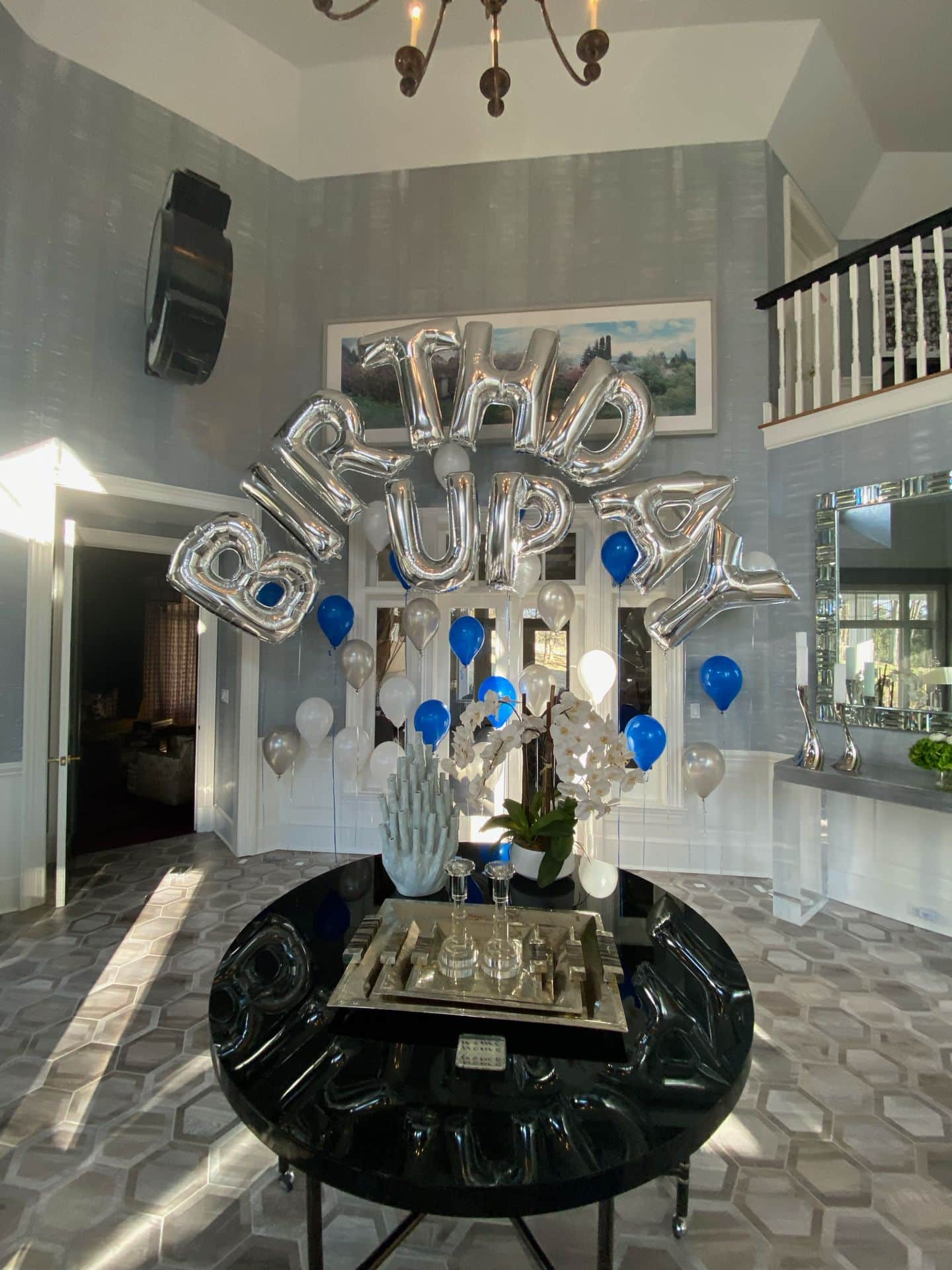 Birthday Mylar Balloon Arch with Blue and Silver Balloon Scape