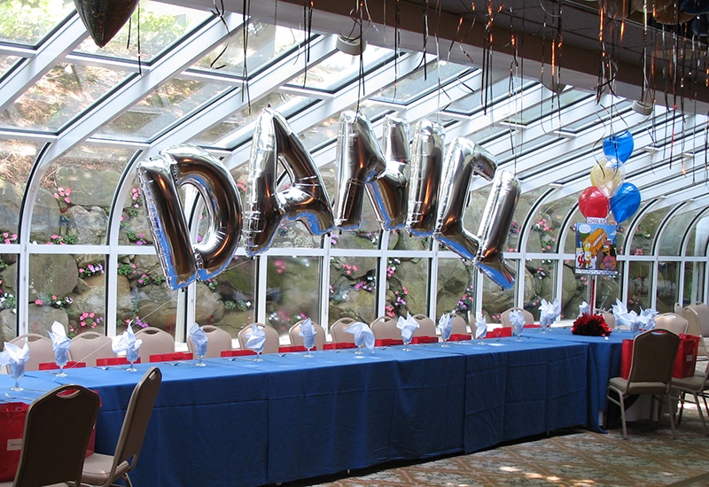 Mylar Name in Balloons over Dais