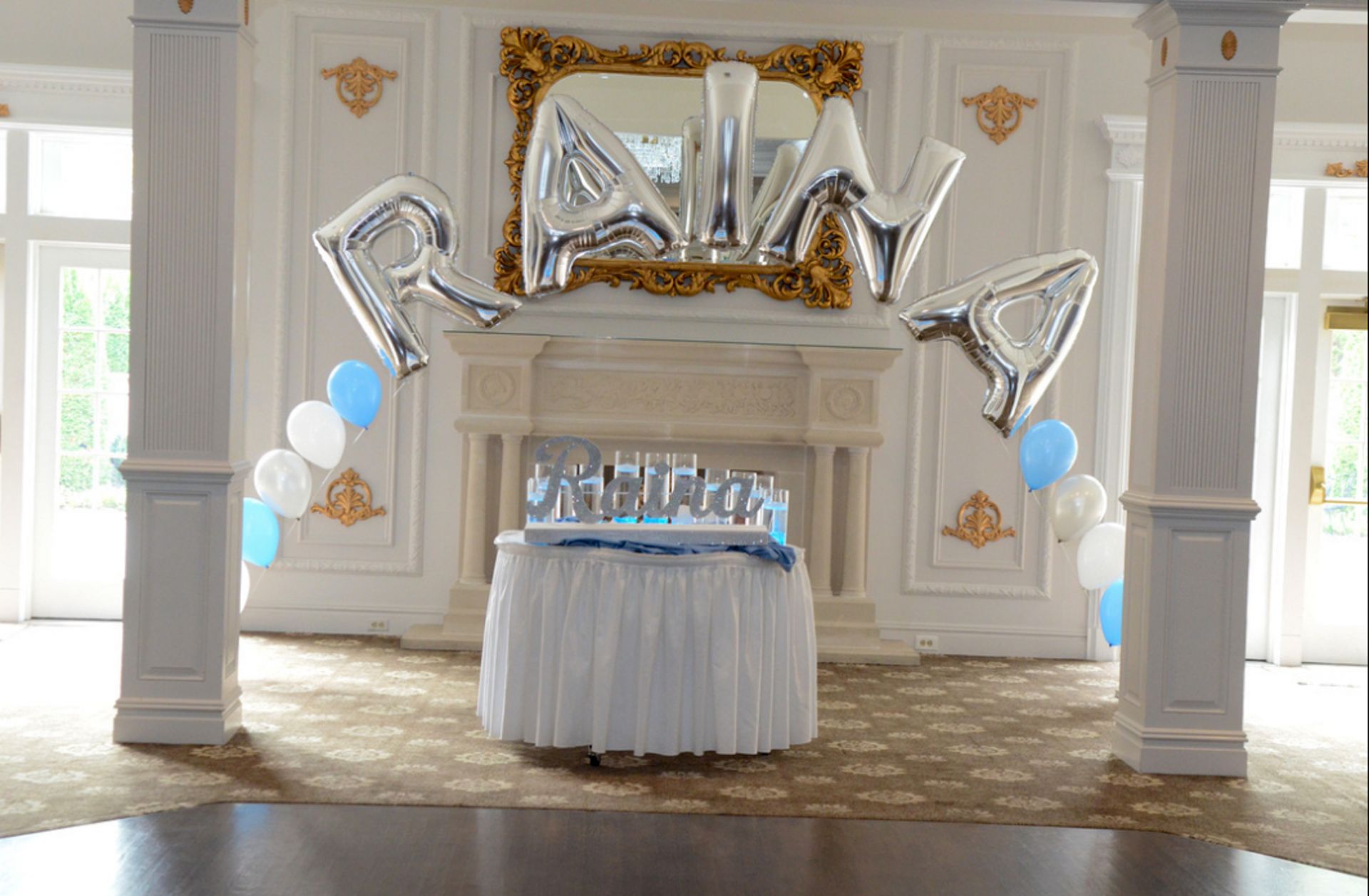 Mylar Name with Bubble Balloon Arch Around Candle Lighting Table for Bat Mitzvah