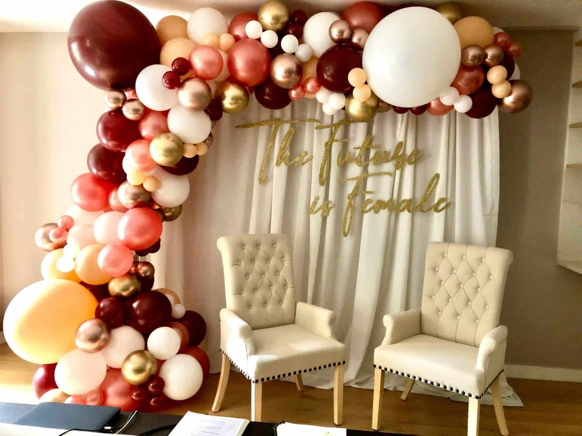 Rustic Themed Balloon Arch with Custom Draping and Glitter Lettering for Zoom Baby Shower